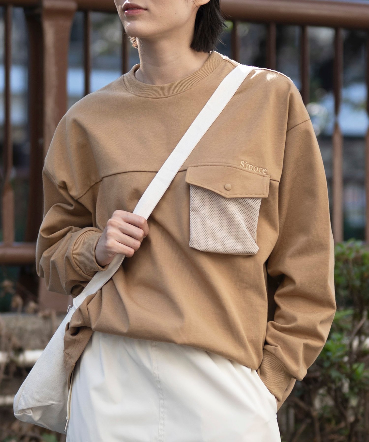 S'more S'more/2WAY pocket l/s big t shirts 2WAY長袖Tシャツ アイモハ トップス カットソー・Tシャツ ホワイト ベージュ カーキグリーン