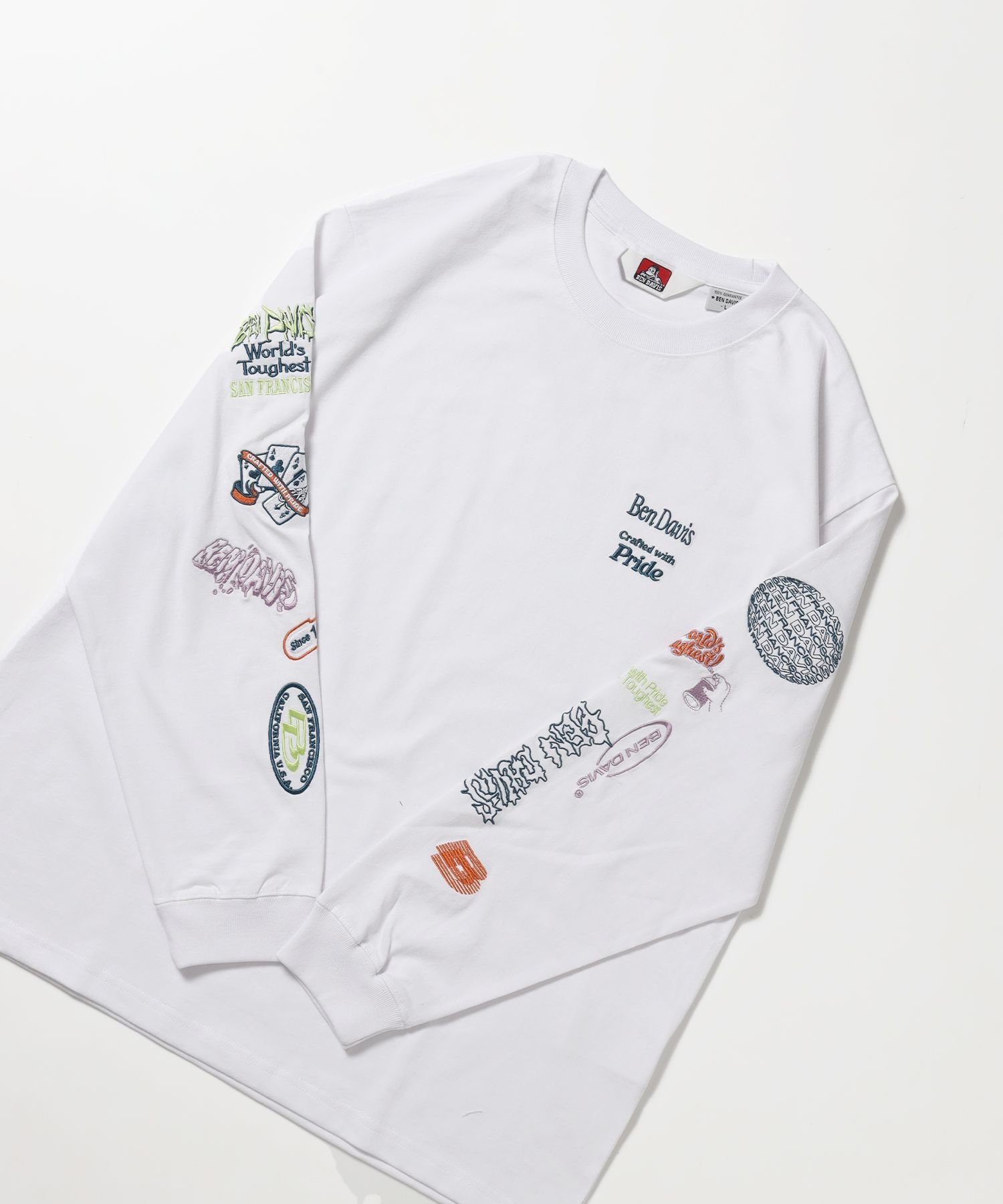 BEN DAVIS / WHITE LABEL 【BEN DAVIS(ベンデイビス)】SLEEVE EMB WIDE L/S TEE / ロンT クルーネック 刺繍 長袖 ユニセックス レギュラーシルエット ナバル トップス カットソー・Tシャツ グレー グリーン ホワイト【送料無料】