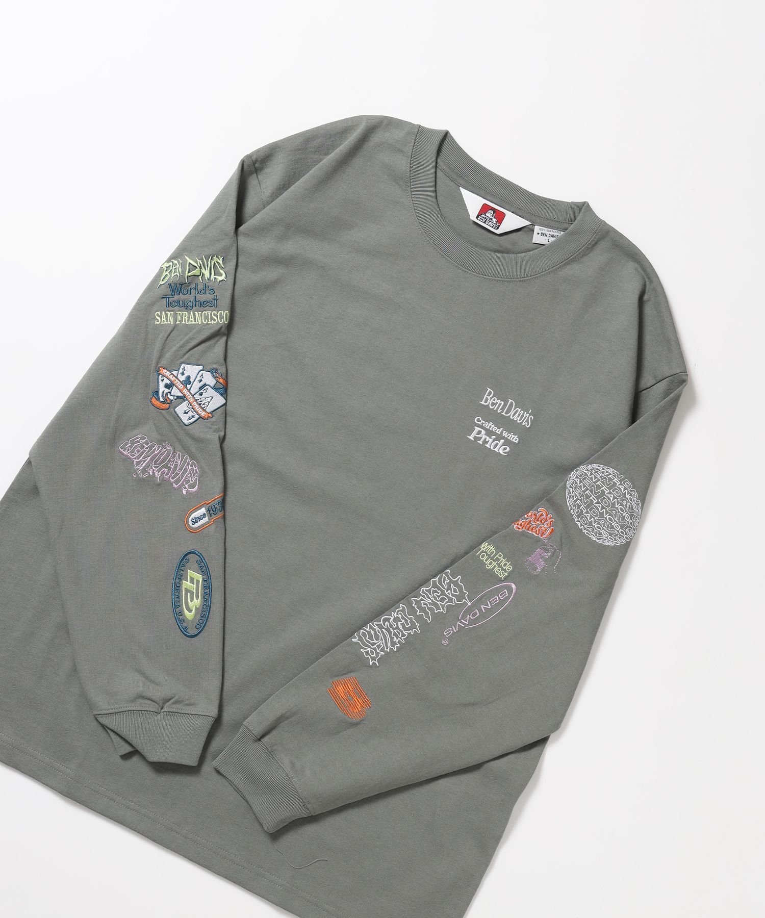 BEN DAVIS / WHITE LABEL 【BEN DAVIS(ベンデイビス)】SLEEVE EMB WIDE L/S TEE / ロンT クルーネック 刺繍 長袖 ユニセックス レギュラーシルエット ナバル トップス カットソー・Tシャツ グレー グリーン ホワイト【送料無料】