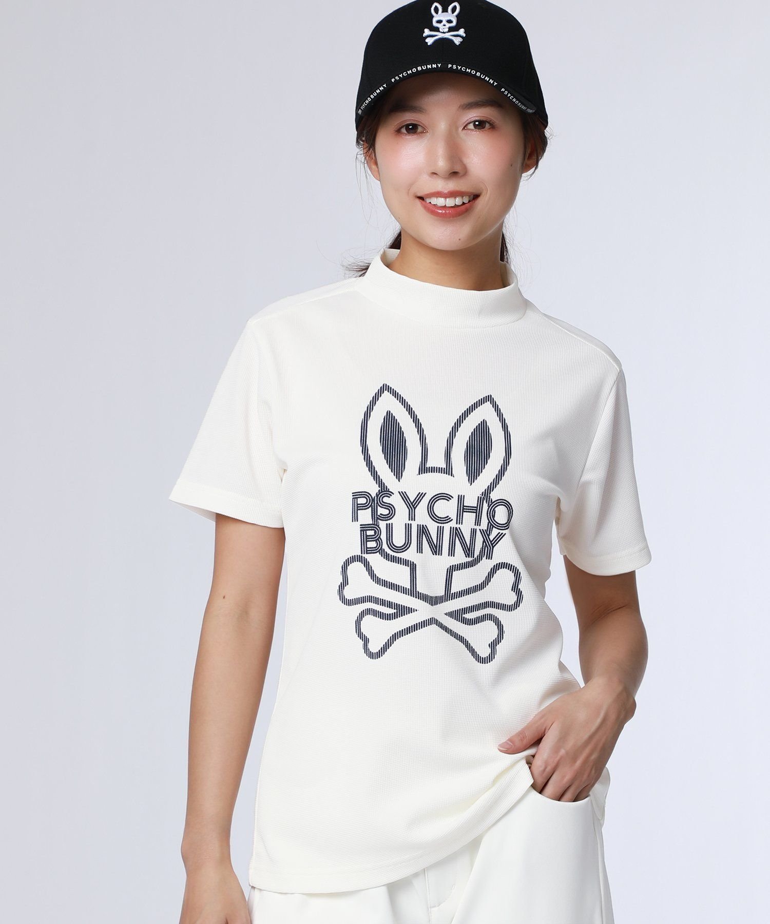 [GOLF][WOMEN]ビッグラインロゴ ドライミニワッフル モックネックTシャツ サイコバニー トップス カットソー・Tシャツ ホワイト