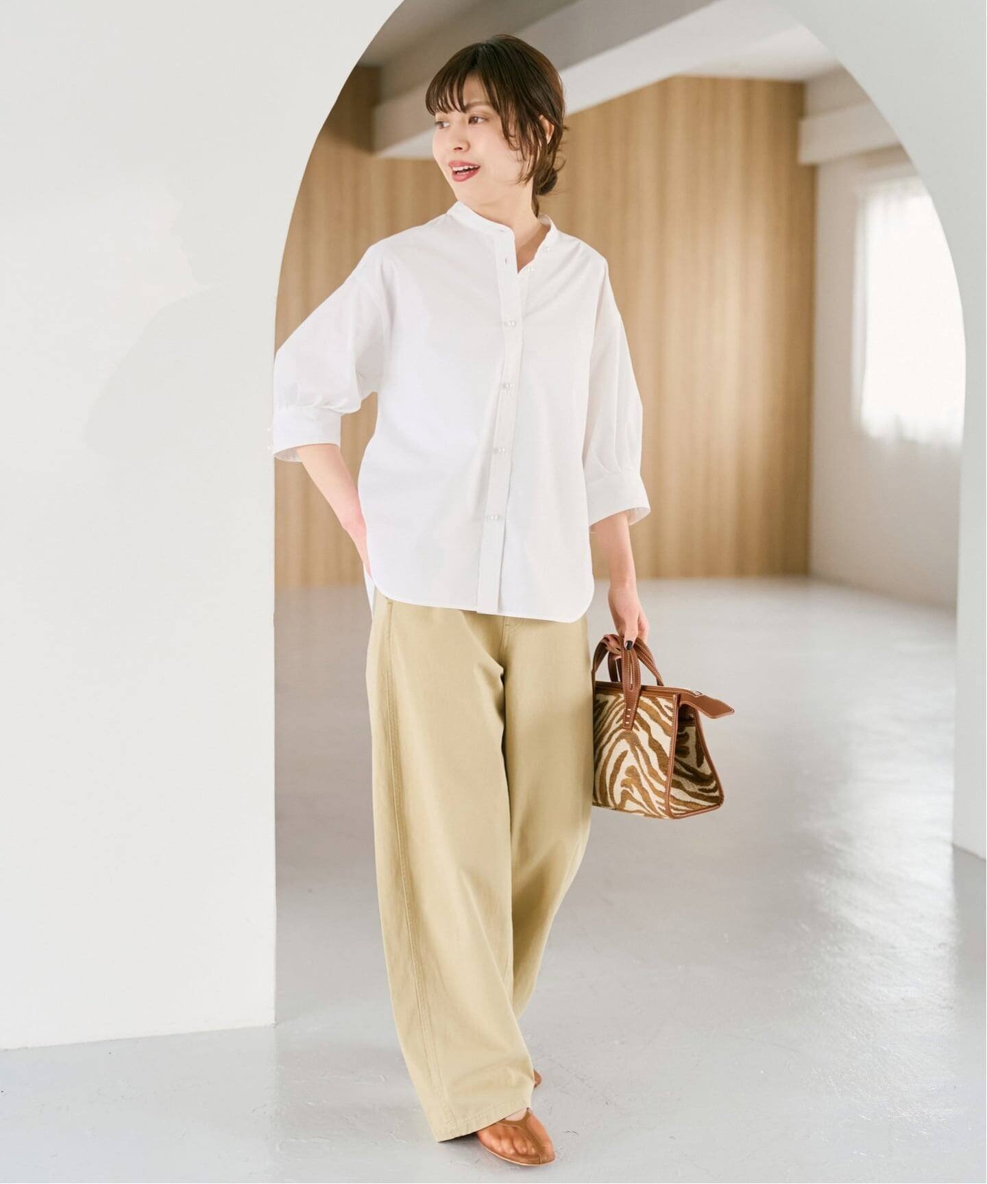 Spick & Span 《WEB限定 / 追加2予約》パールボタンギャザースリーブシャツ スピックアンドスパン トップス シャツ・ブラウス ホワイト ブルー