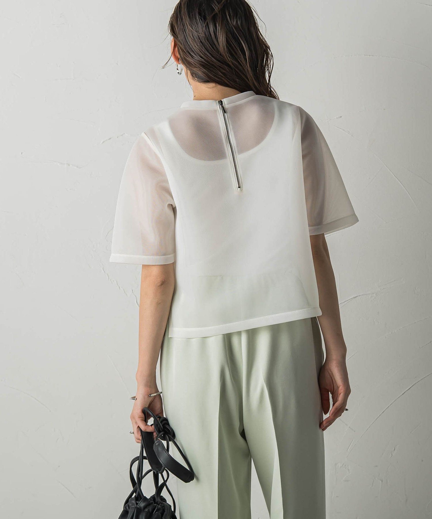MAYSON GREY シアーダンボール5分袖プルオーバー≪セットアップ対応/手洗い可能≫ メイソングレイ トップス カットソー・Tシャツ ホワイト ブラック