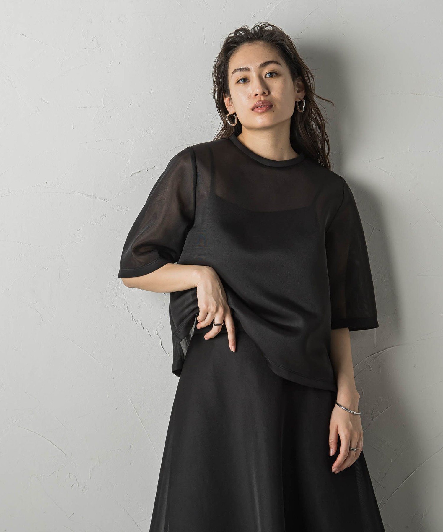 MAYSON GREY シアーダンボール5分袖プルオーバー≪セットアップ対応/手洗い可能≫ メイソングレイ トップス カットソー・Tシャツ ホワイト ブラック