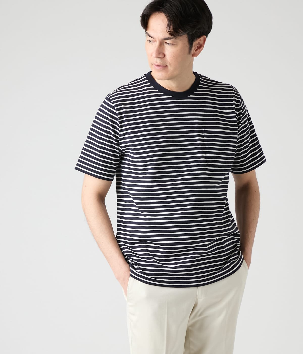 NEWYORKER MEN 【接触冷感】先染めボーダー 半袖クルーネックTシャツ ニューヨーカー トップス カットソー・Tシャツ ホワイト ネイビー
