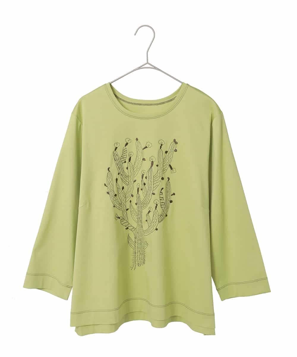 HIROKO BIS GRANDE 【大きいサイズ】サボテン刺繍コットンTシャツ /洗える ヒロコ ビス グランデ トップス カットソー・Tシャツ ネイビー ホワイト イエロー