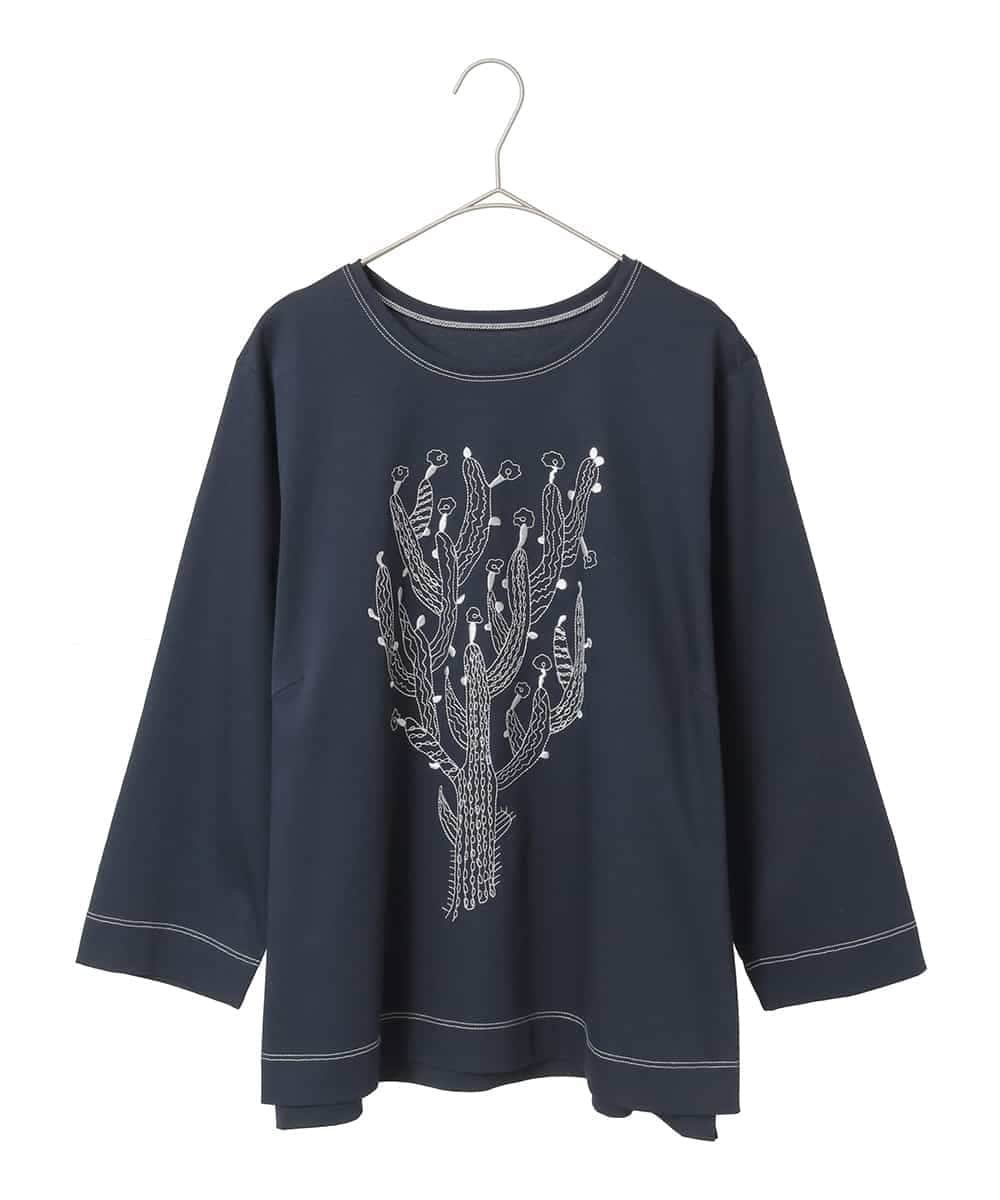 HIROKO BIS GRANDE 【大きいサイズ】サボテン刺繍コットンTシャツ /洗える ヒロコ ビス グランデ トップス カットソー・Tシャツ ネイビー ホワイト イエロー