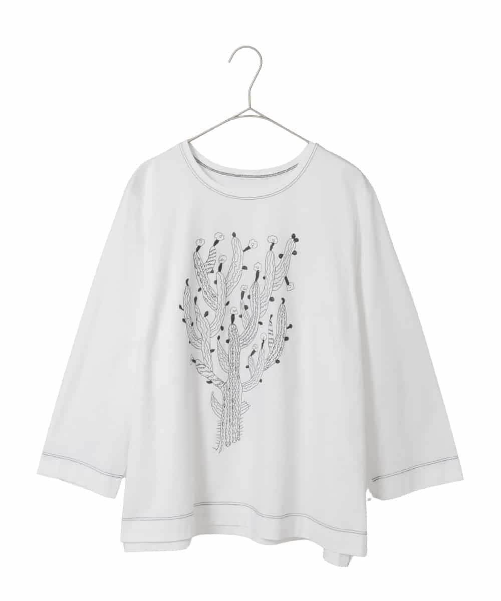 HIROKO BIS GRANDE 【大きいサイズ】サボテン刺繍コットンTシャツ /洗える ヒロコ ビス グランデ トップス カットソー・Tシャツ ネイビー ホワイト イエロー
