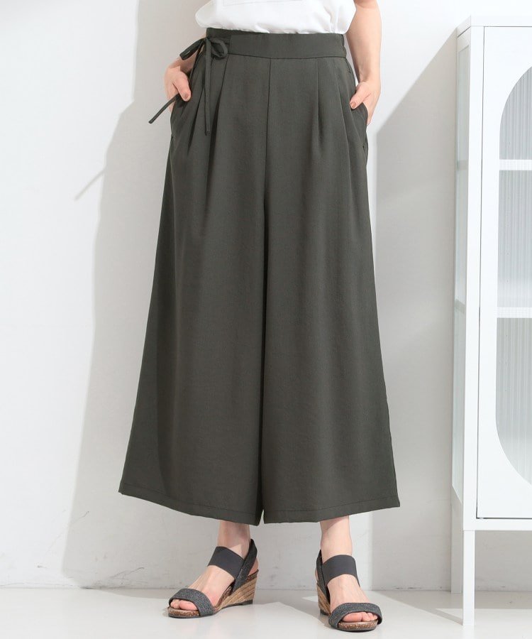 【SALE／20%OFF】SHOO・LA・RUE 【洗濯機可/S-LL/セットアップ可】涼し気で軽いはき心地 リボン付き麻調ガウチョパンツ シューラルー パンツ その他のパンツ カーキグリーン ベージュ グレー