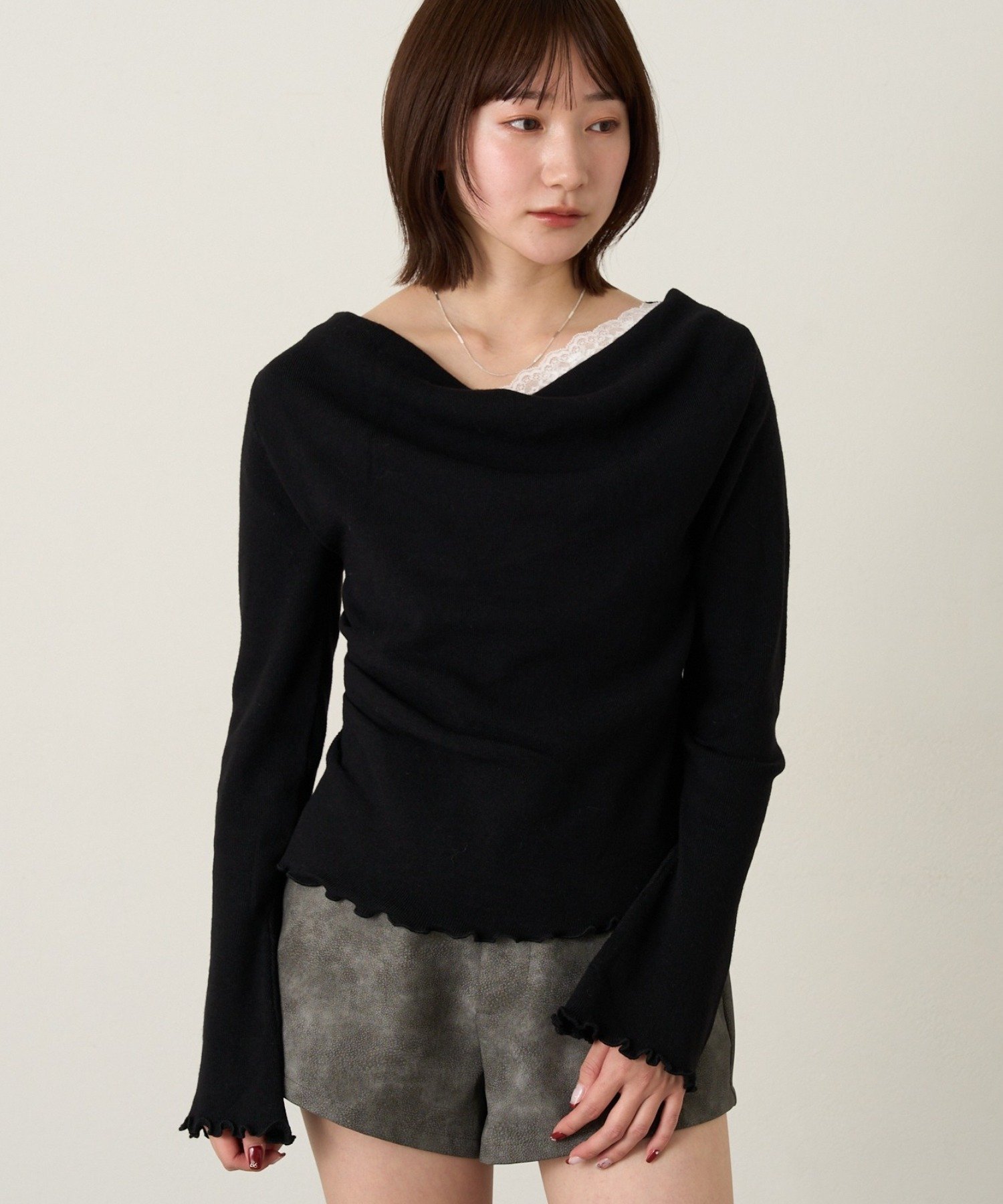 PAL GROUP OUTLET 【mline】レースオフショルニット パル グループ アウトレット トップス ニット ブラック