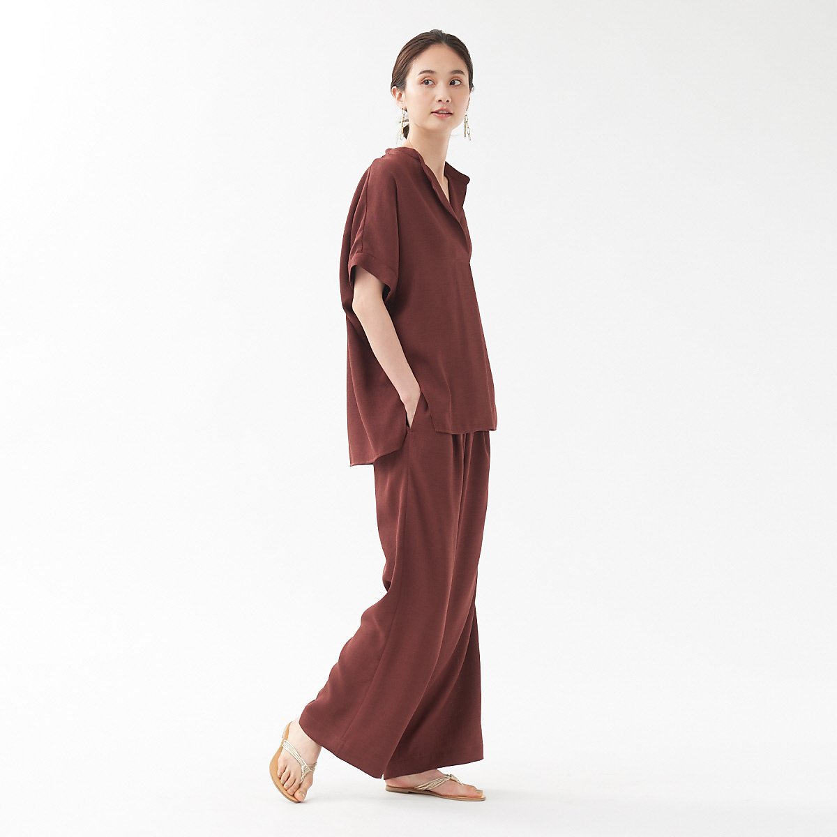 qualite 《セットアップ対応》リネンライクワイドパンツ カリテ パンツ その他のパンツ レッド ブラック