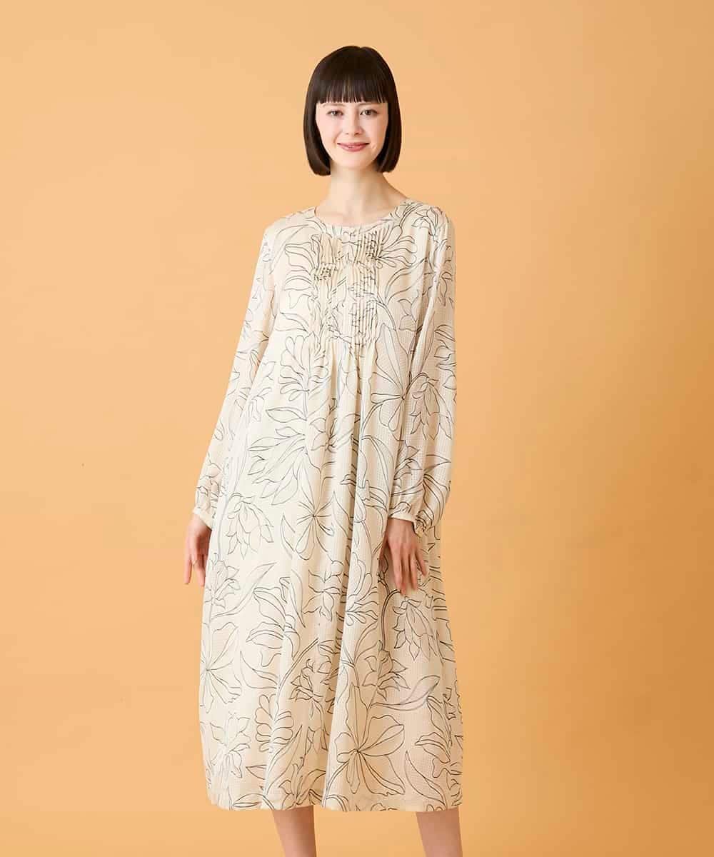 【SALE／50%OFF】HIROKO BIS ボタニカルモチーフピンタックワンピース /洗える ヒロコ ビス ワンピース・ドレス ワンピース ホワイト【送料無料】