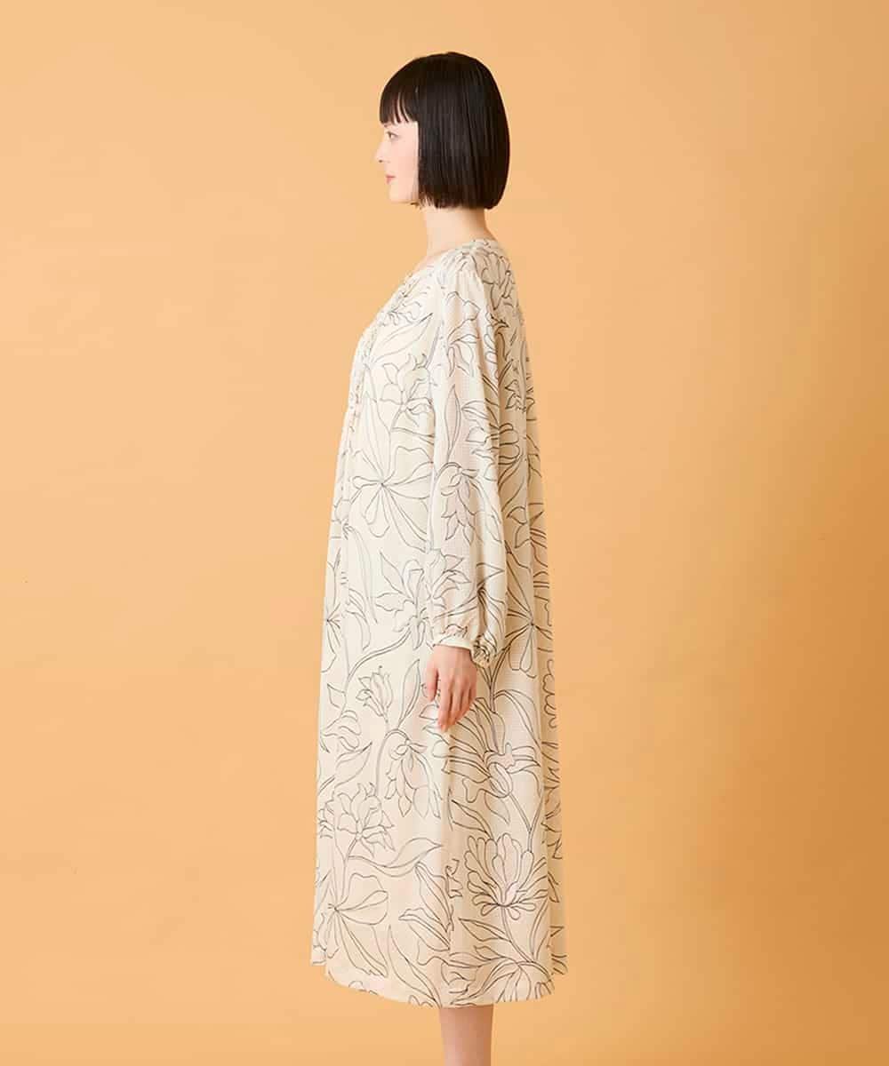 HIROKO BIS ボタニカルモチーフピンタックワンピース /洗える ヒロコ ビス ワンピース・ドレス ワンピース ホワイト