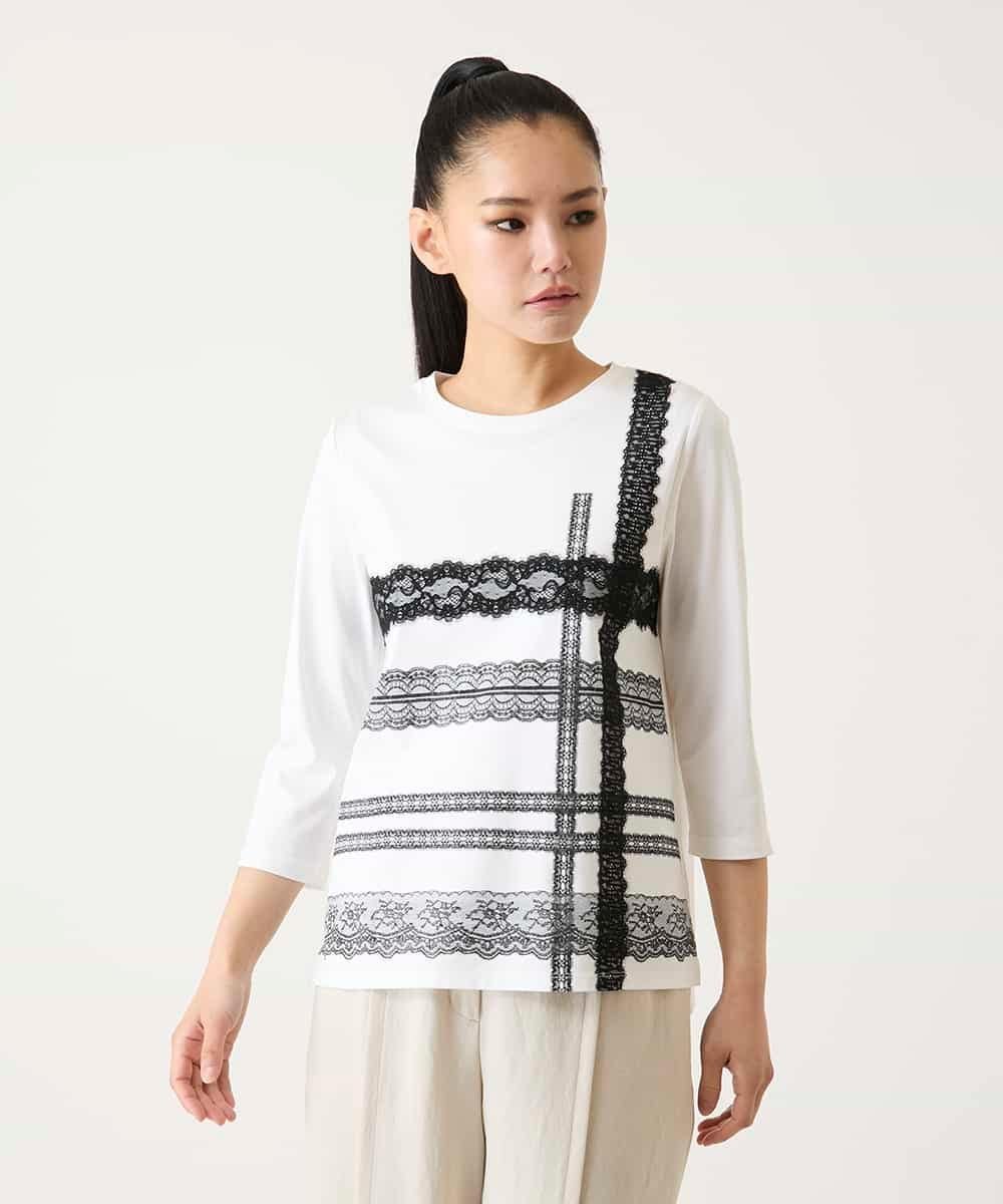 HIROKO BIS（小さいサイズ） 【小さいサイズ】レーステープデザインコットンカットソー メゾンドゥサンク トップス カットソー・Tシャツ ホワイト ブラック