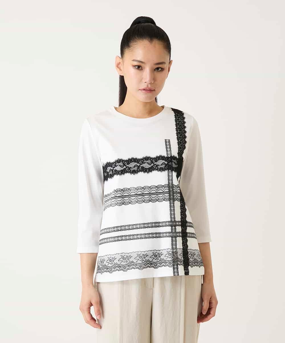 HIROKO BIS（小さいサイズ） 【小さいサイズ】レーステープデザインコットンカットソー メゾンドゥサンク トップス カットソー・Tシャツ ホワイト ブラック