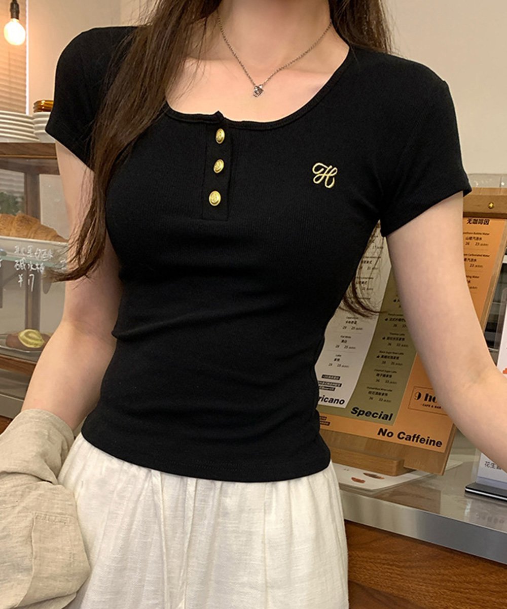 miniministore ヘンリーネック 半袖Tシャツワンポイント ミニミニストア トップス カットソー・Tシャツ ホワイト ネイビー ブラック グレー