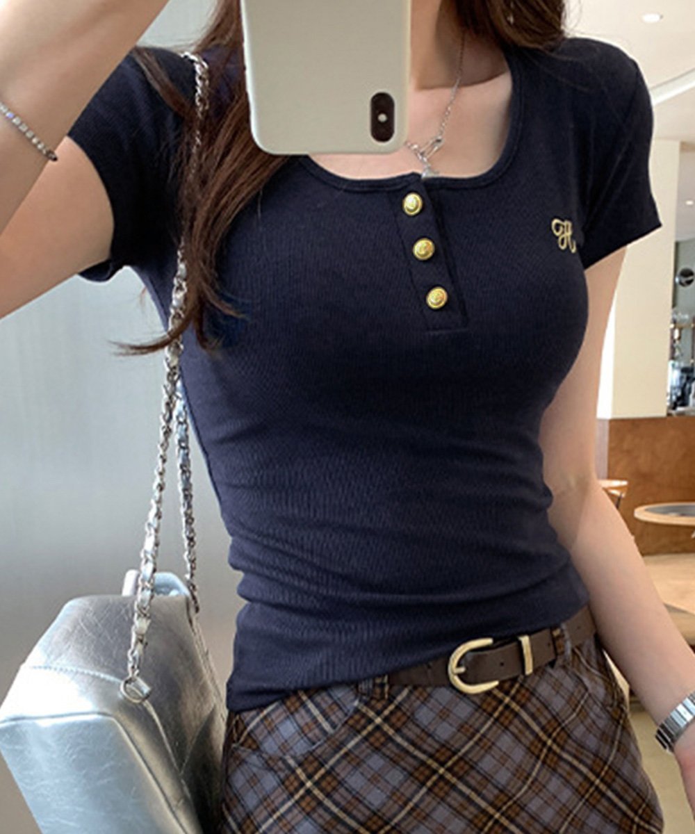 miniministore ヘンリーネック 半袖Tシャツワンポイント ミニミニストア トップス カットソー・Tシャツ ホワイト ネイビー ブラック グレー