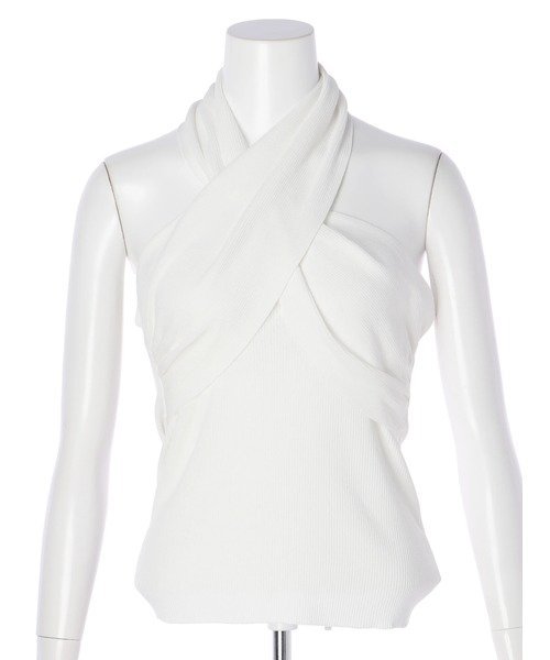 【SALE／50%OFF】DURAS ホルターネッククロストップス デュラス トップス ニット ホワイト ベージュ カーキ ブラックのサムネイル