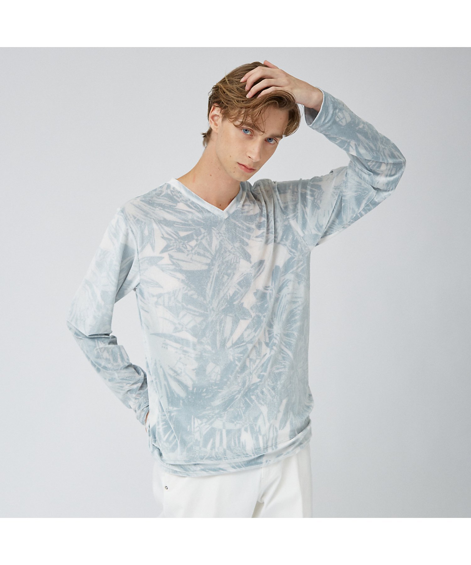 5351POUR LES HOMMES 総柄 ベロア Vネック 長袖 ニットTシャツ ゴーサンゴーイチプールオム トップス カットソー・Tシャツ ホワイト ブラック【送料無料】