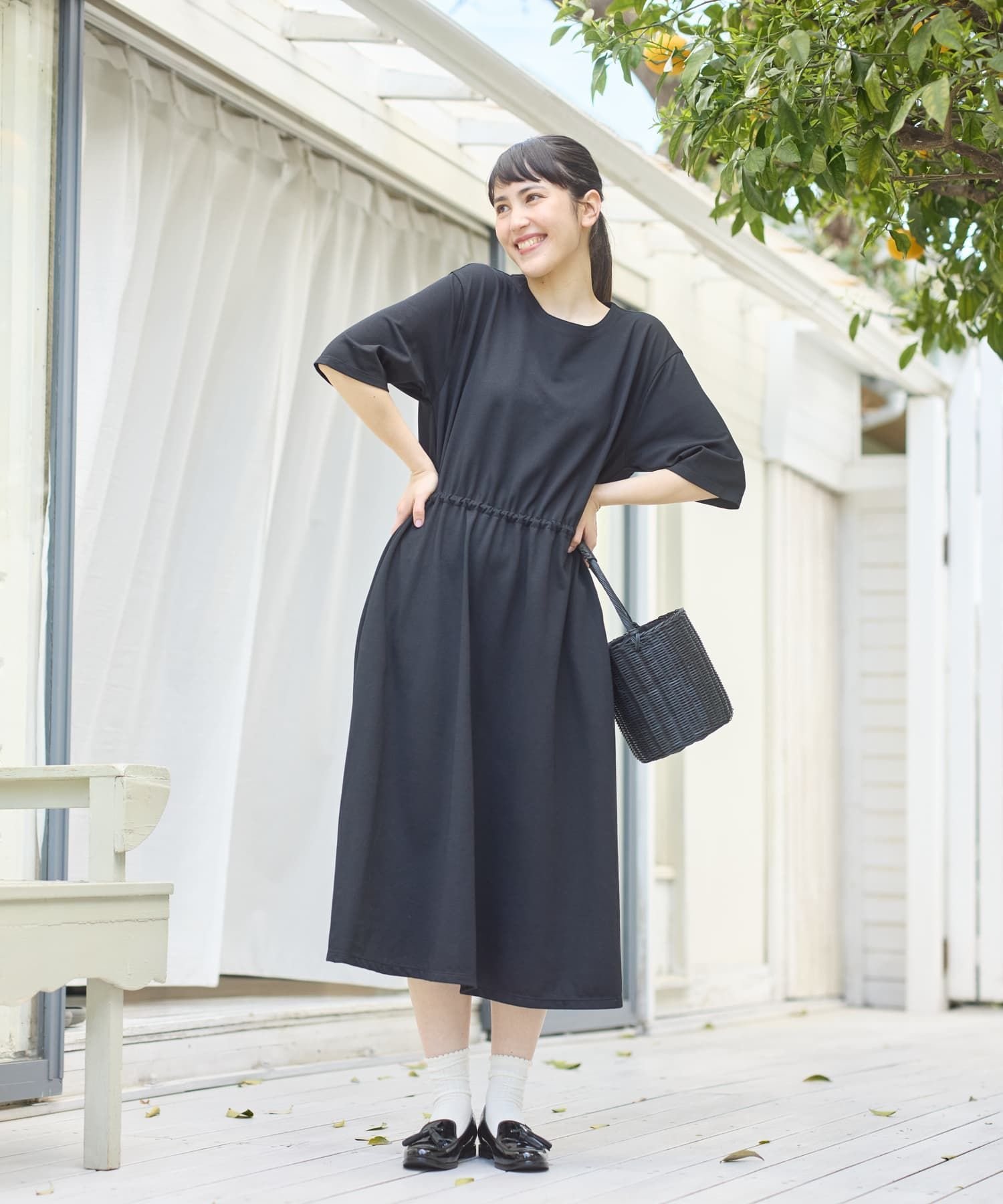【SALE／50%OFF】CARA O CRUZ ウエストドロストフレアワンピース【吸水速乾 接触冷感 ストレッチ】 キャラ・オ・クルス ワンピース・ドレス ワンピース ブラック ネイビー【送料無料】