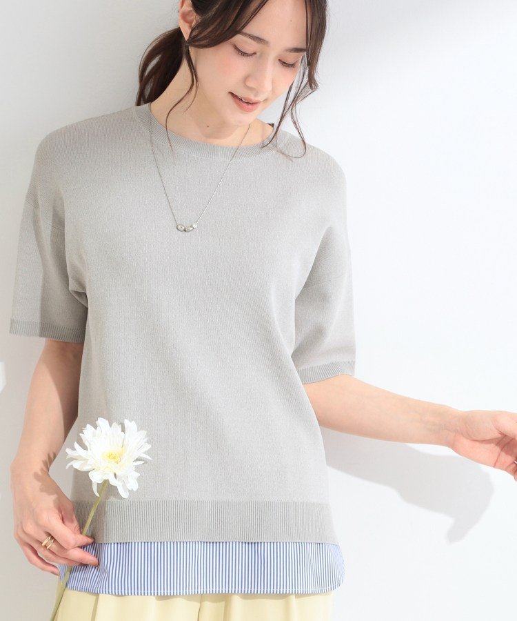 【SALE／20%OFF】SHOO・LA・RUE 【ひんやり/UV/洗濯機可/S-LL】毛玉になりにくい シャツレイヤード風 半袖ニット シューラルー トップス ニット グレー ネイビー レッド グリーン