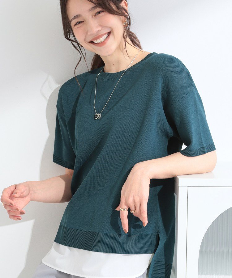 SHOO・LA・RUE 【ひんやり/UV/洗濯機可/S-LL】毛玉になりにくい シャツレイヤード風 半袖ニット シューラルー トップス ニット グレー ネイビー レッド グリーン