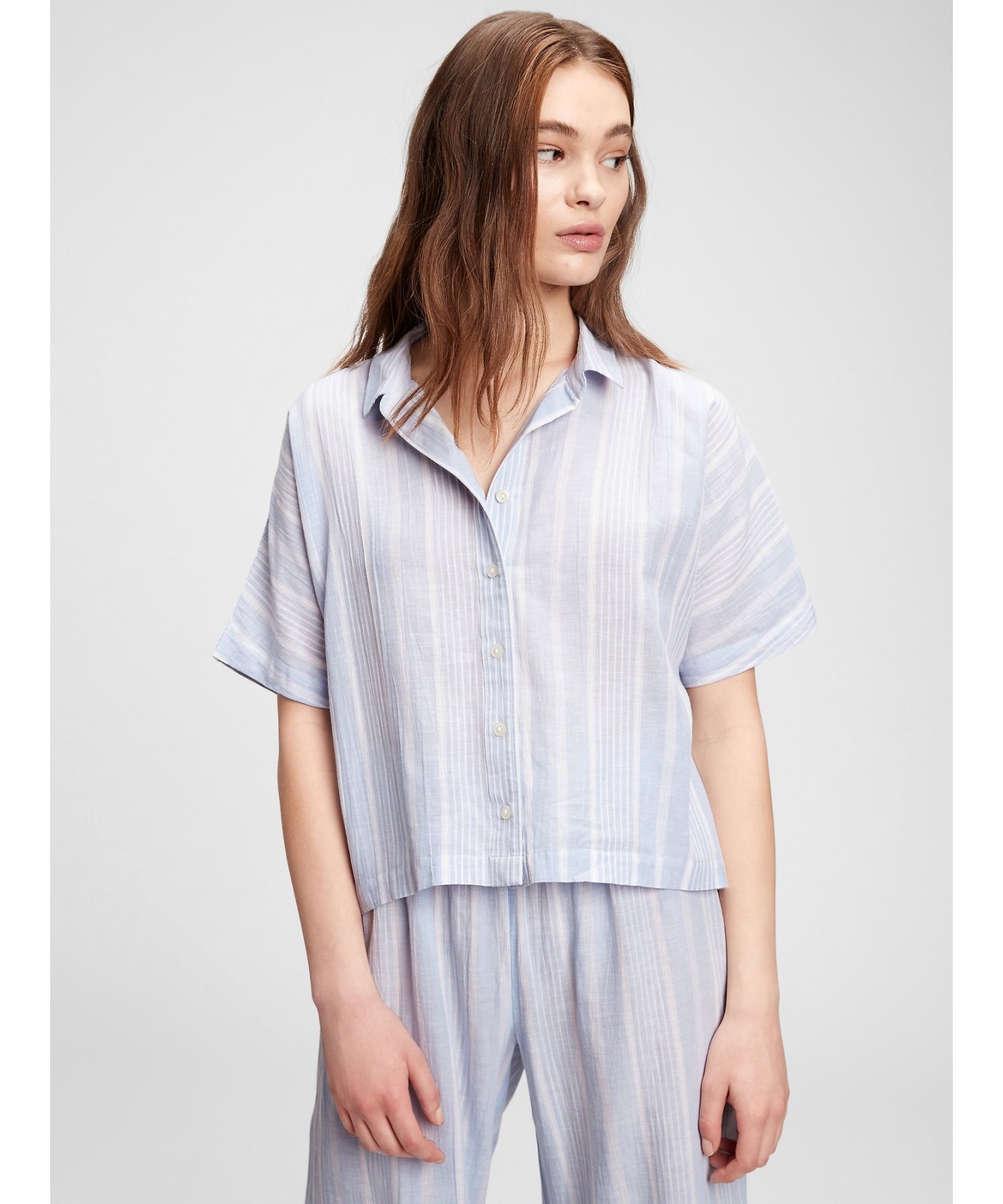 【SALE／72%OFF】GAP (W)クリンクル フロントボタン シャツ ギャップ インナー・ルームウェア パジャマ ブルー ホワイト