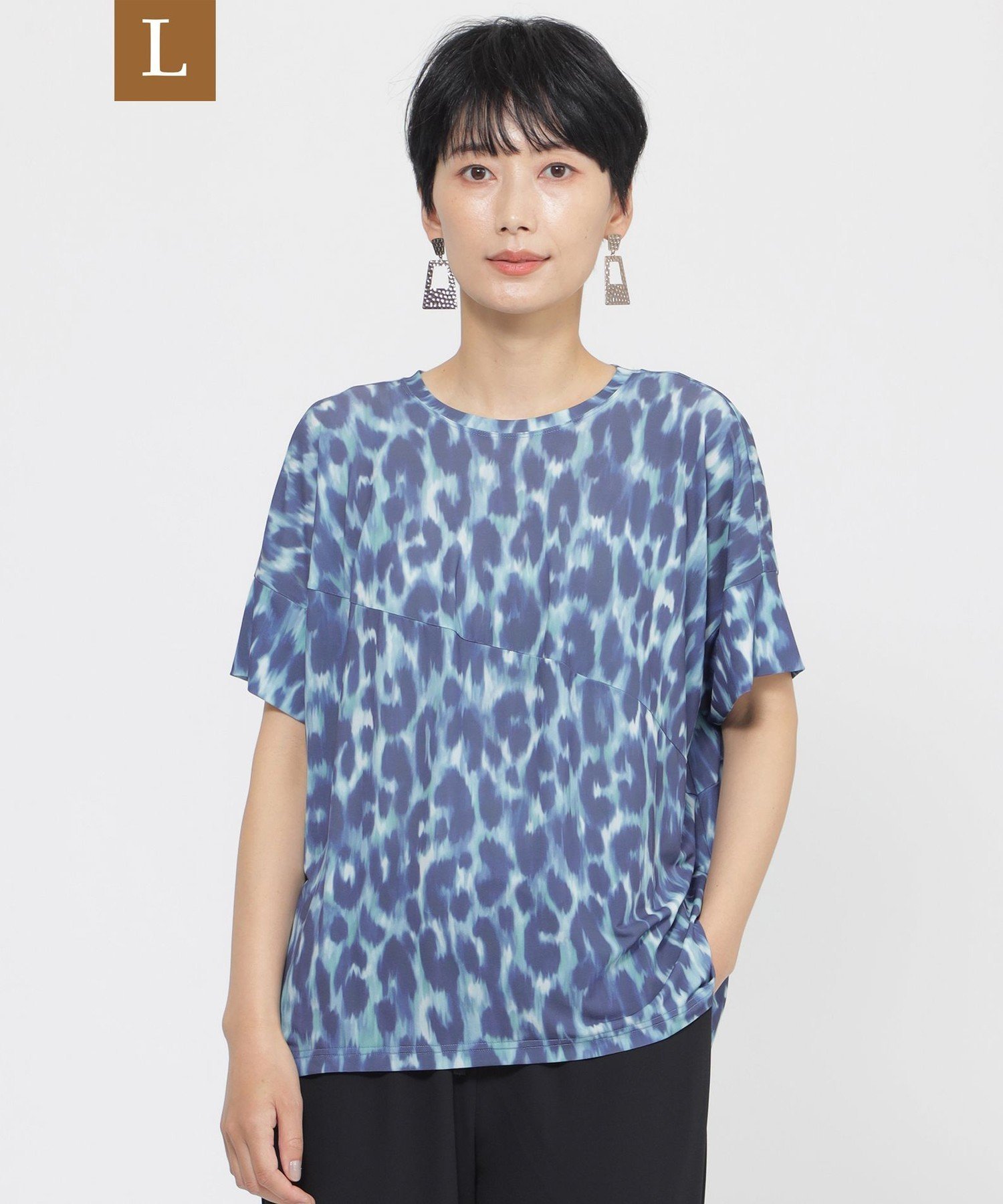 【L】【接触冷感】【ウォシャブル】クールレオパードカットソー サンヨー エルサイズ トップス カットソー・Tシャツ ネイビー ベージュ