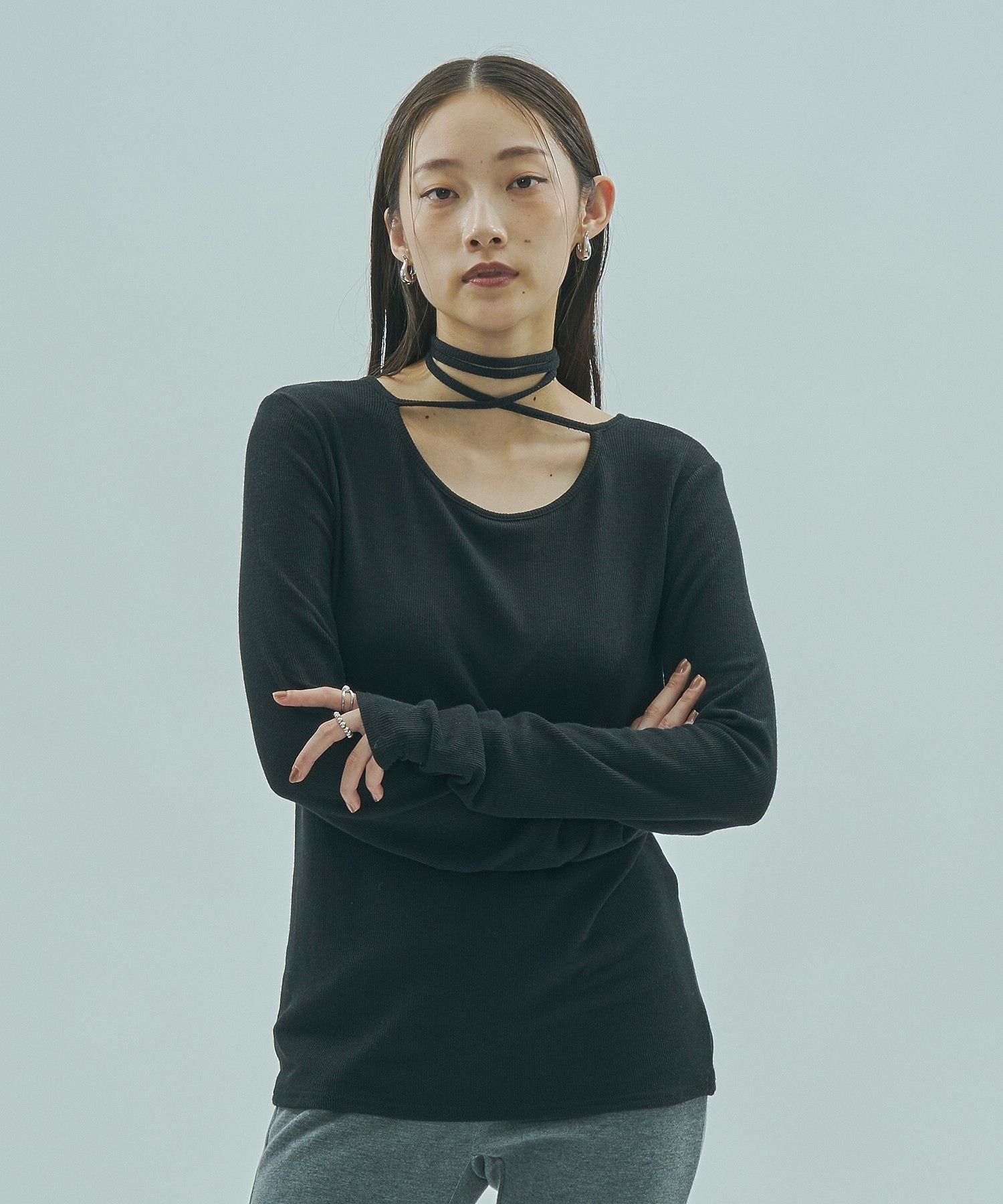 ROSE BUD CHORKER RIB TOP ローズバッド トップス カットソー・Tシャツ ホワイト ブラック ブルー