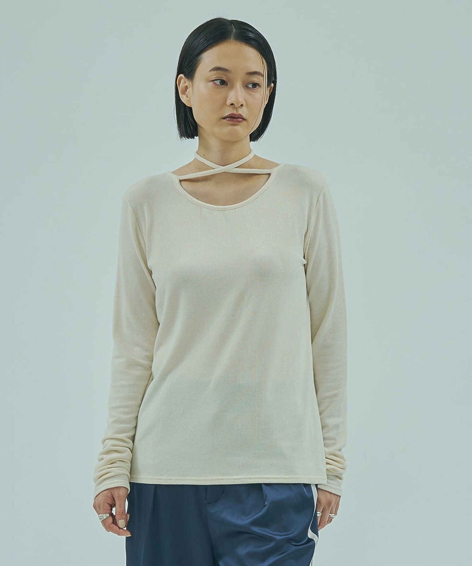 ROSE BUD CHORKER RIB TOP ローズバッド トップス カットソー・Tシャツ ホワイト ブラック ブルー
