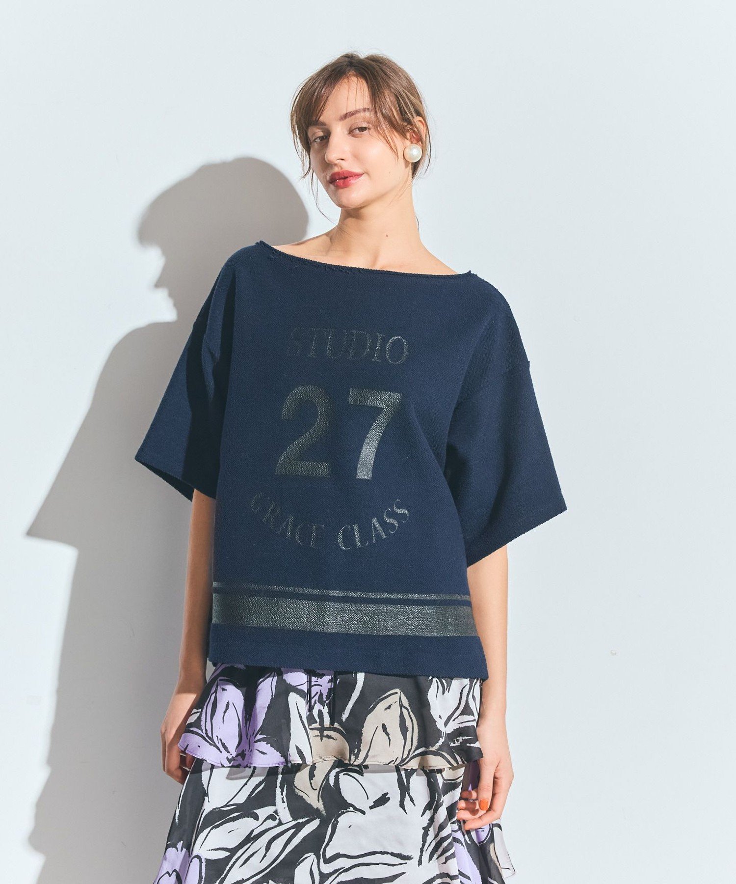 ナンバープリントループ裏毛トップ グレースコンチネンタル トップス カットソー・Tシャツ ネイビー ホワイト