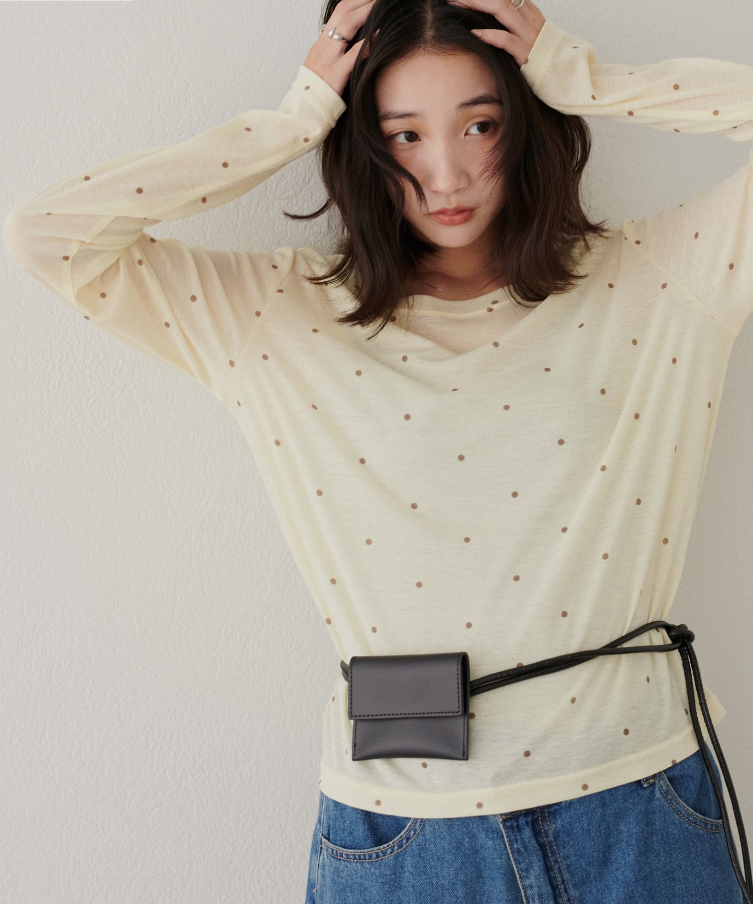 ドットロングスリーブ ディスコート トップス カットソー・Tシャツ ホワイト ブラウン グレー