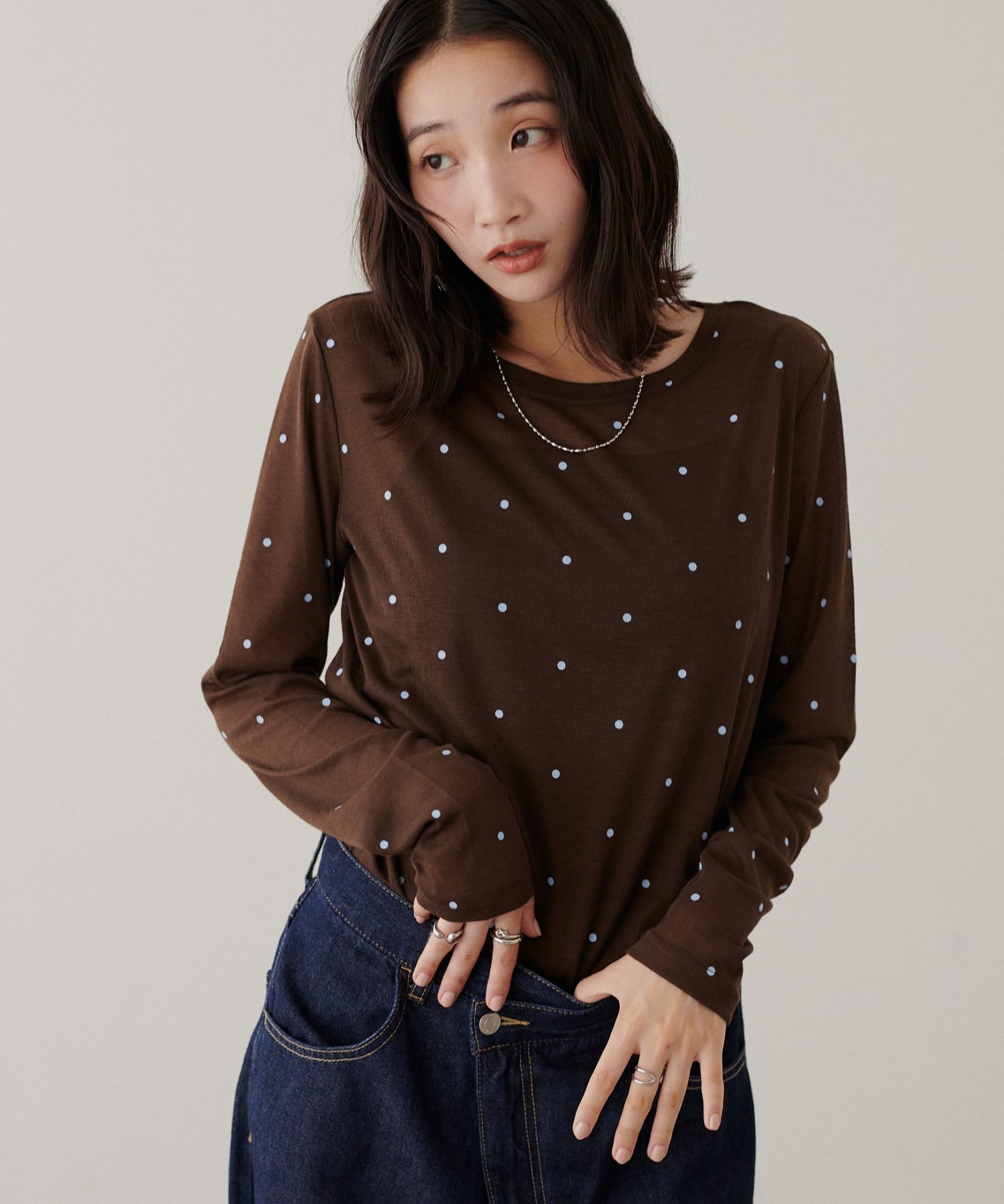 ドットロングスリーブ ディスコート トップス カットソー・Tシャツ ホワイト ブラウン グレー