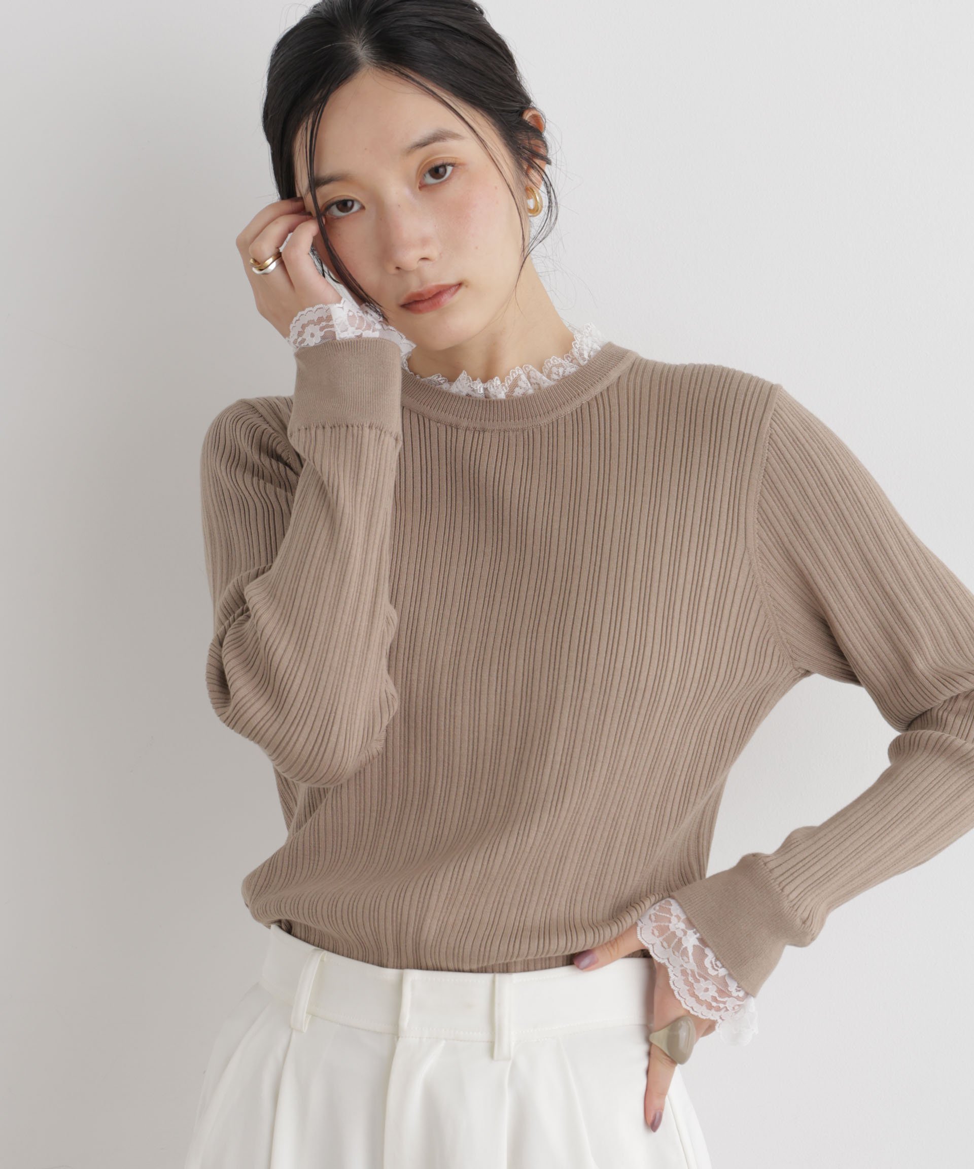 NANO universe CICA&UVカット加工レースフリル付きリブニット ナノユニバース トップス ニット ブラック ベージュ ホワイト【送料無料】