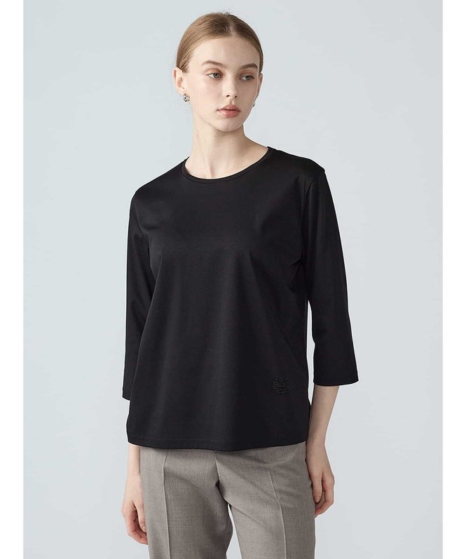 WOMEN スーピマスムース七分袖Tシャツ アクアスキュータム トップス カットソー・Tシャツ ブラック グリーン ホワイト