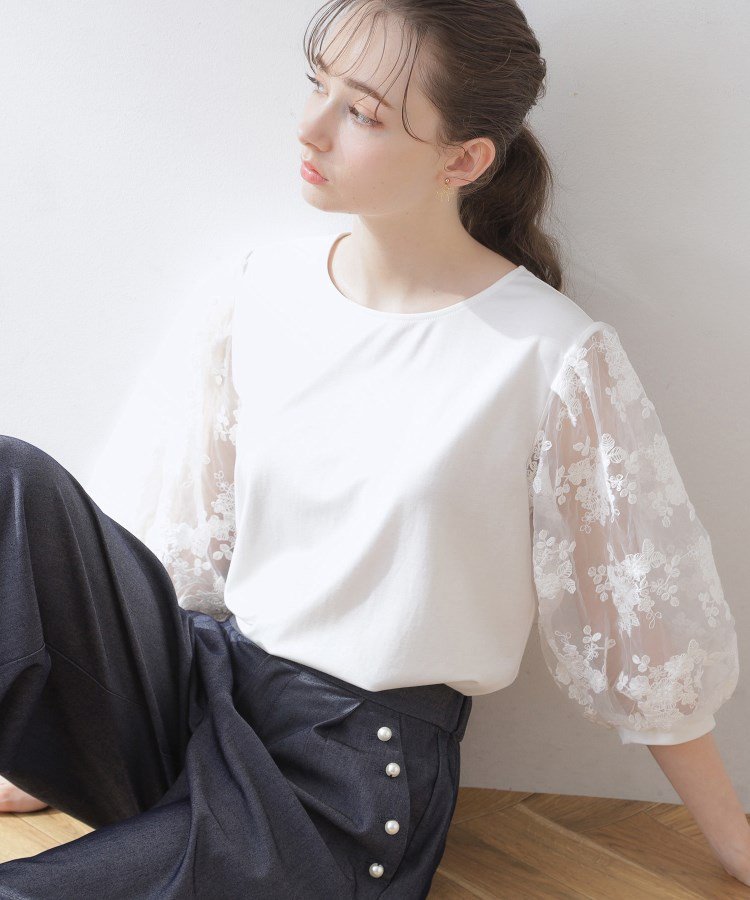 Couture Brooch 【残暑の秋にも使える】袖レースドッキングカットソー クチュールブローチ トップス カットソー・Tシャツ ホワイト グレー ブラック【送料無料】のサムネイル