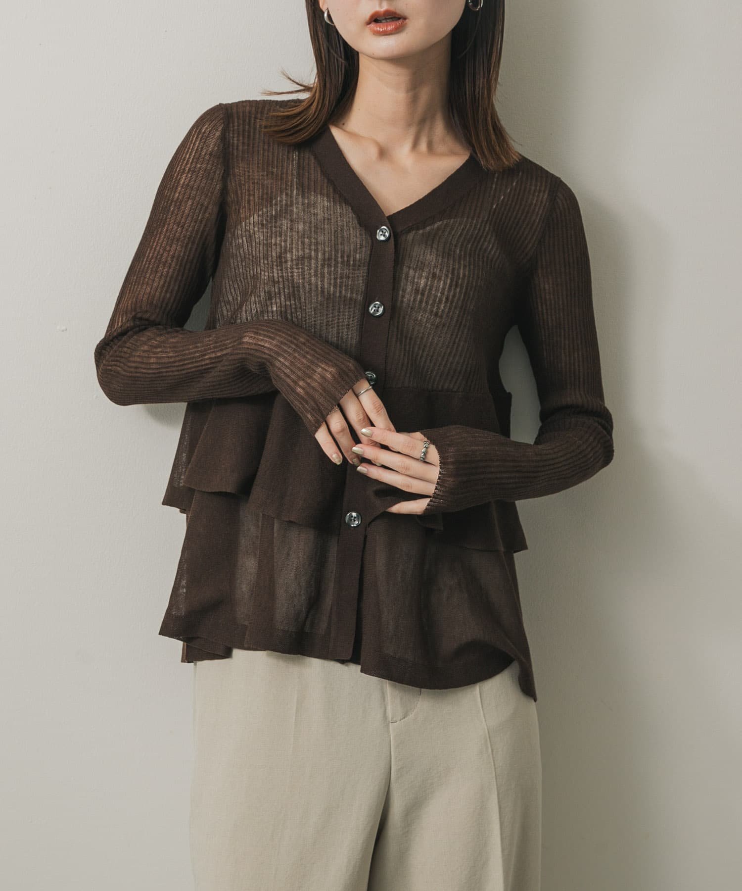 【SALE／17%OFF】SENSE OF PLACE シアーペプラムカーディガン センス オブ プレイス トップス カーディガン グレー ブラック ブルー ブラウン【送料無料】のサムネイル