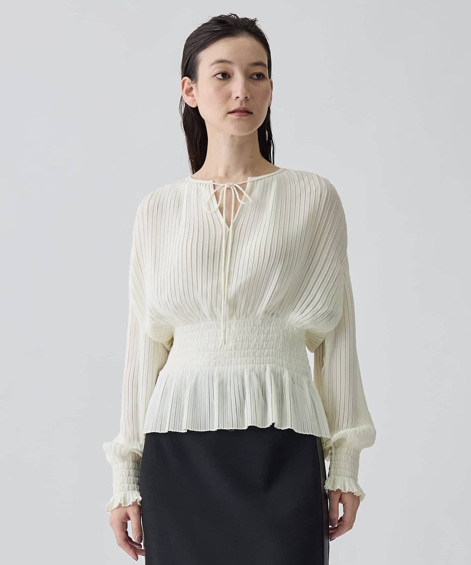 LANVIN COLLECTION シャーリングプリーツブラウス ランバン コレクション トップス シャツ・ブラウス ブラック ホワイト【送料無料】