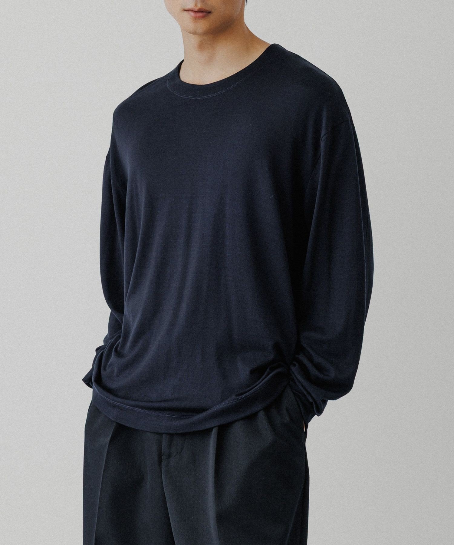 ADAM ET ROPE' HOMME 【NIKKE】ウール天竺 ロングスリーブ ニットTシャツ アダムエロペ トップス カットソー・Tシャツ ネイビー ブラック【送料無料】