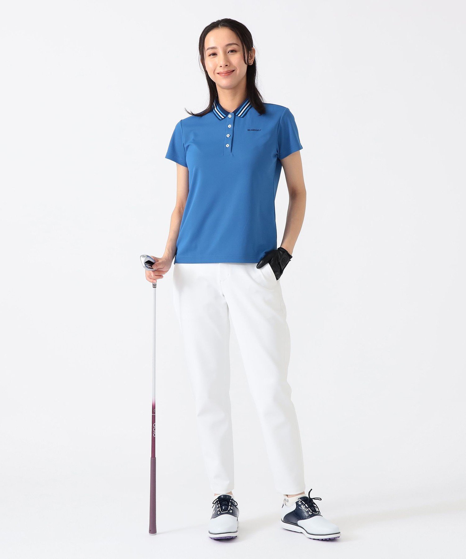 【SALE／50%OFF】BEAMS GOLF PURPLE LABEL ＜WOMEN＞PURPLE LABEL / 襟ボーダーライン ポロシャツ【DRY・UV・STRETCH】 ビームス ゴルフ トップス スウェット・トレーナー ホワイト ブルー【送料無料】