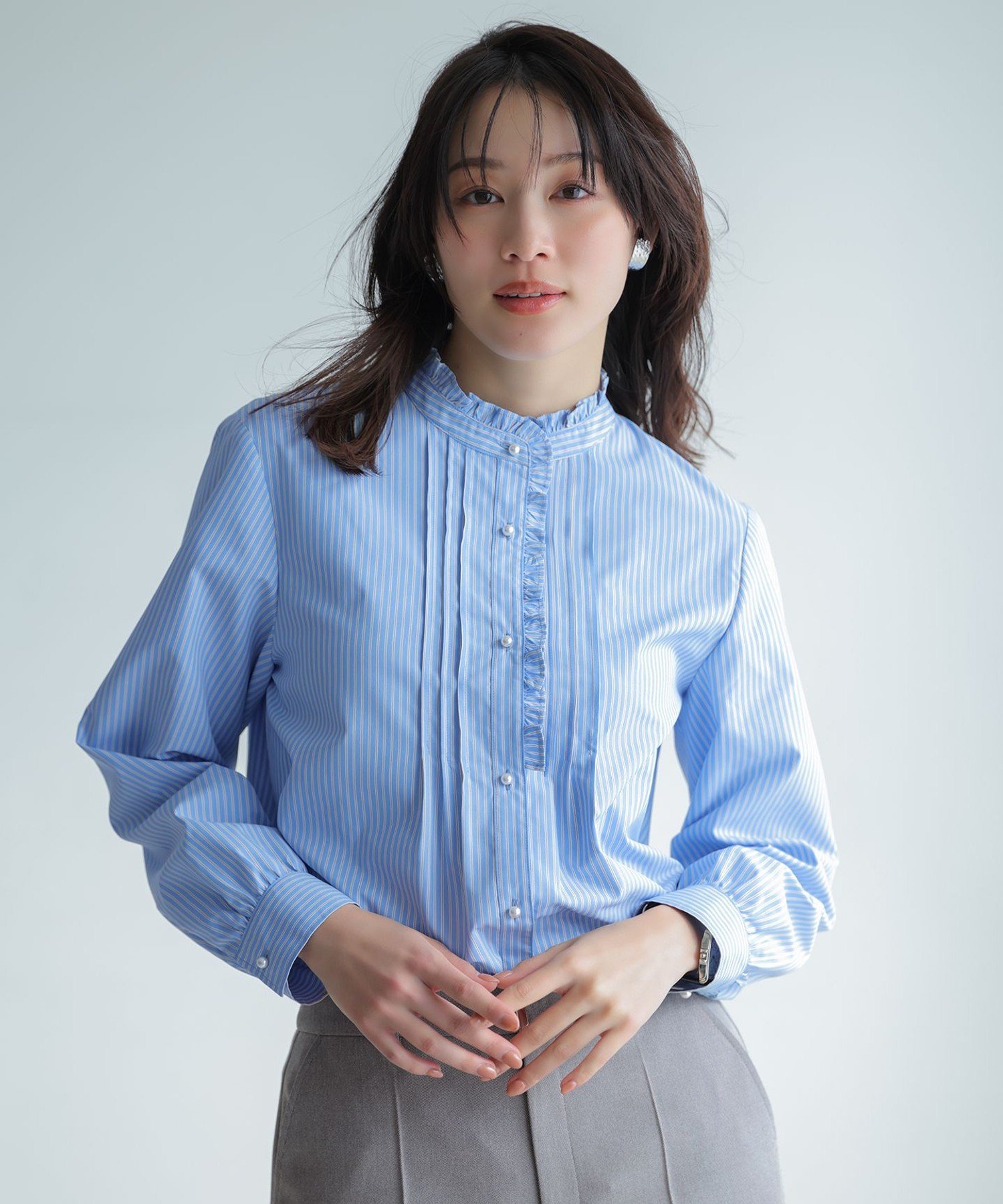ANY SIS L フリルスタンド シャツ エニィスィス トップス シャツ ブラウス ホワイト イエロー ブルー【送料無料】