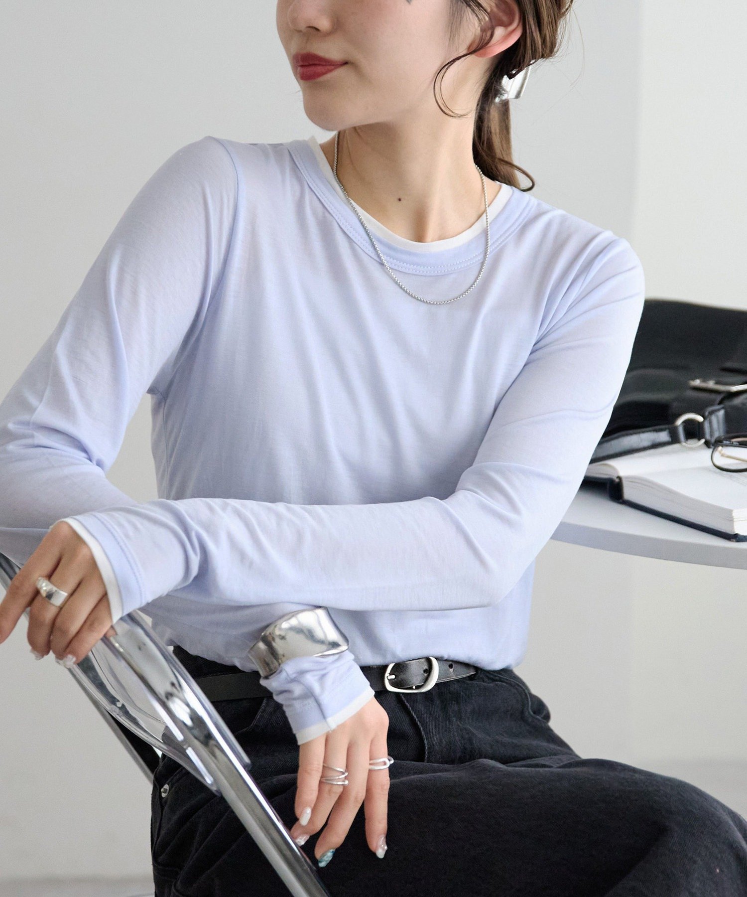 【WEB限定】レイヤードロングスリーブ ディスコート トップス カットソー・Tシャツ ブルー ピンク グレー ホワイト