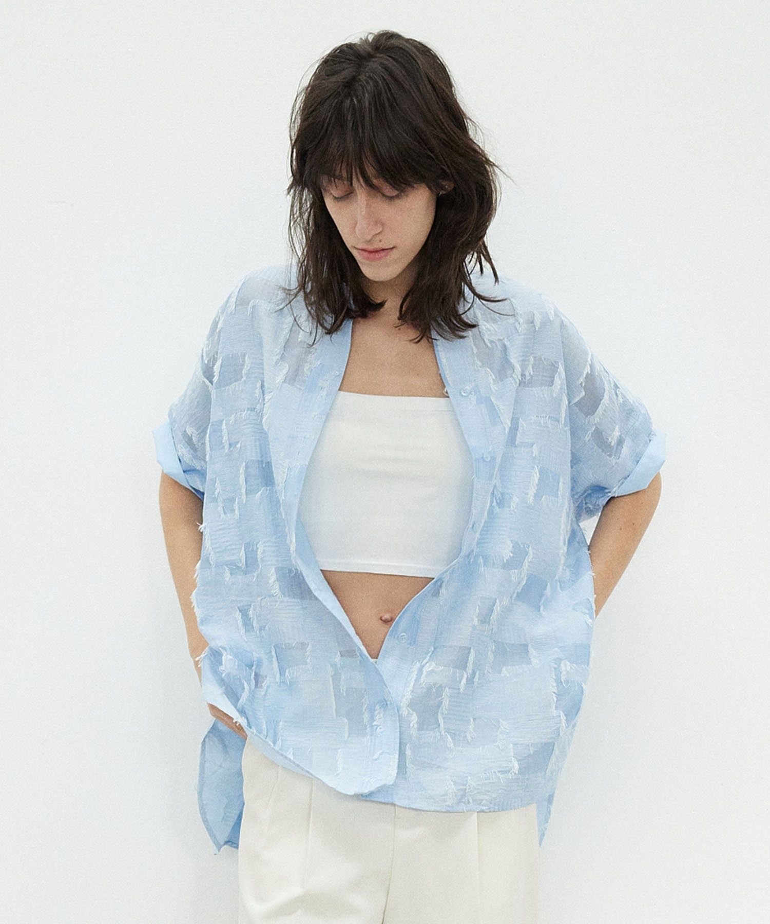 ROSE BUD GENE HEAVENS/SHEER DOBBY S/S SHIRT ローズバッド トップス シャツ・ブラウス ブルー ベージュ ブラック