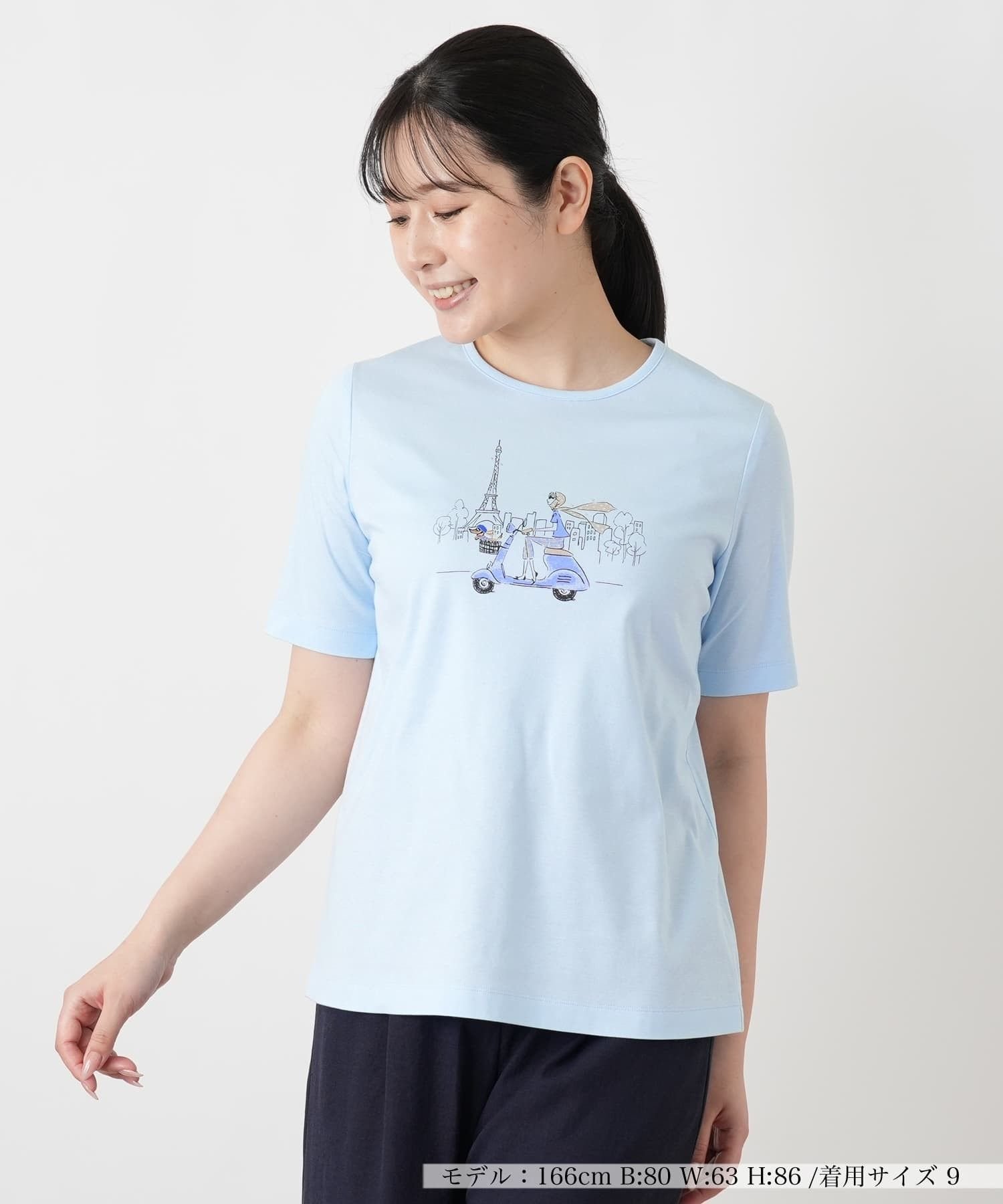 Leilian スクーターイラストTシャツ レリアン トップス カットソー・Tシャツ ブルー ホワイト