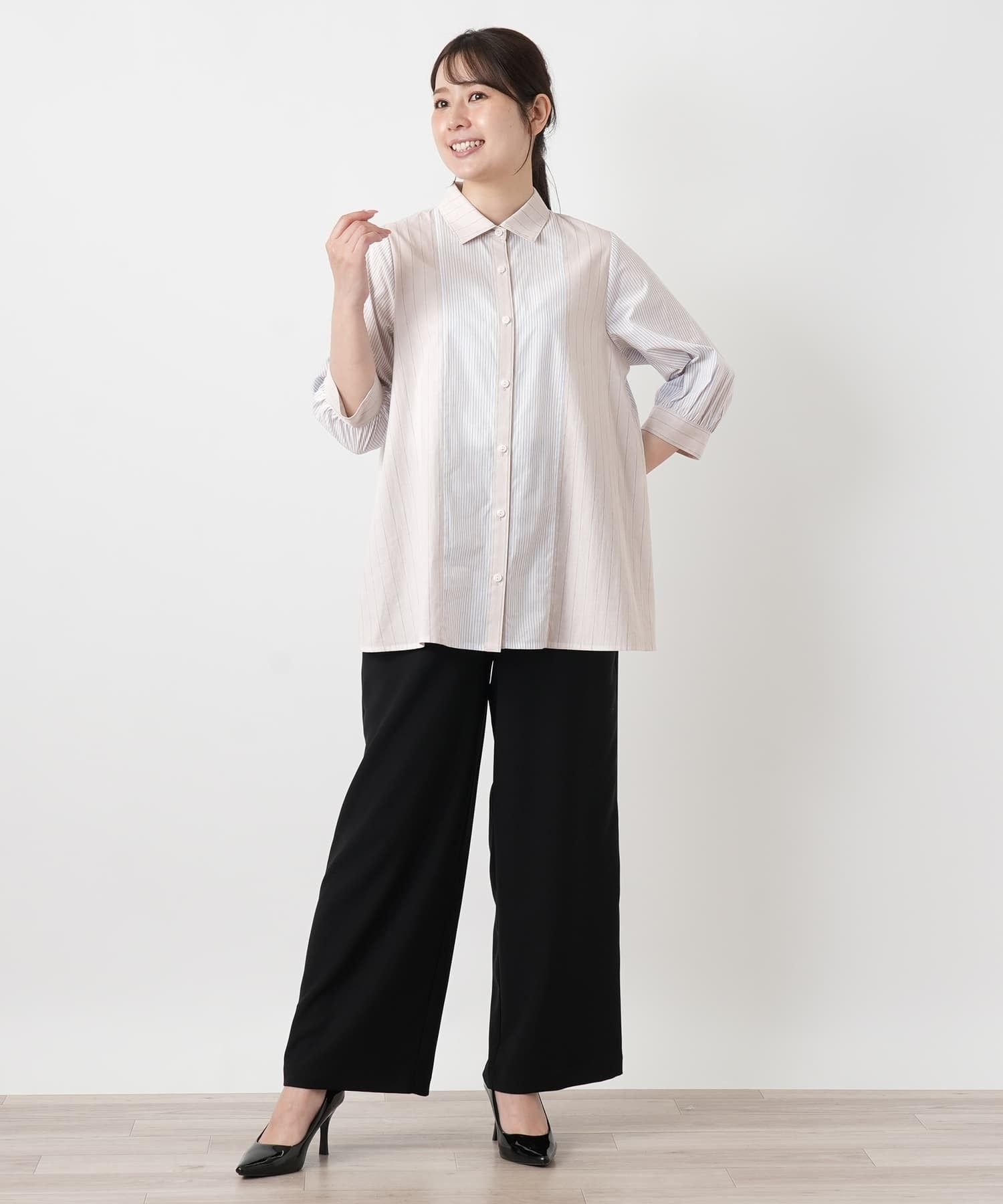 Leilian 切替ストライプブラウス【Leilian WHITE LABEL】 レリアン トップス シャツ・ブラウス ベージュ ブルー