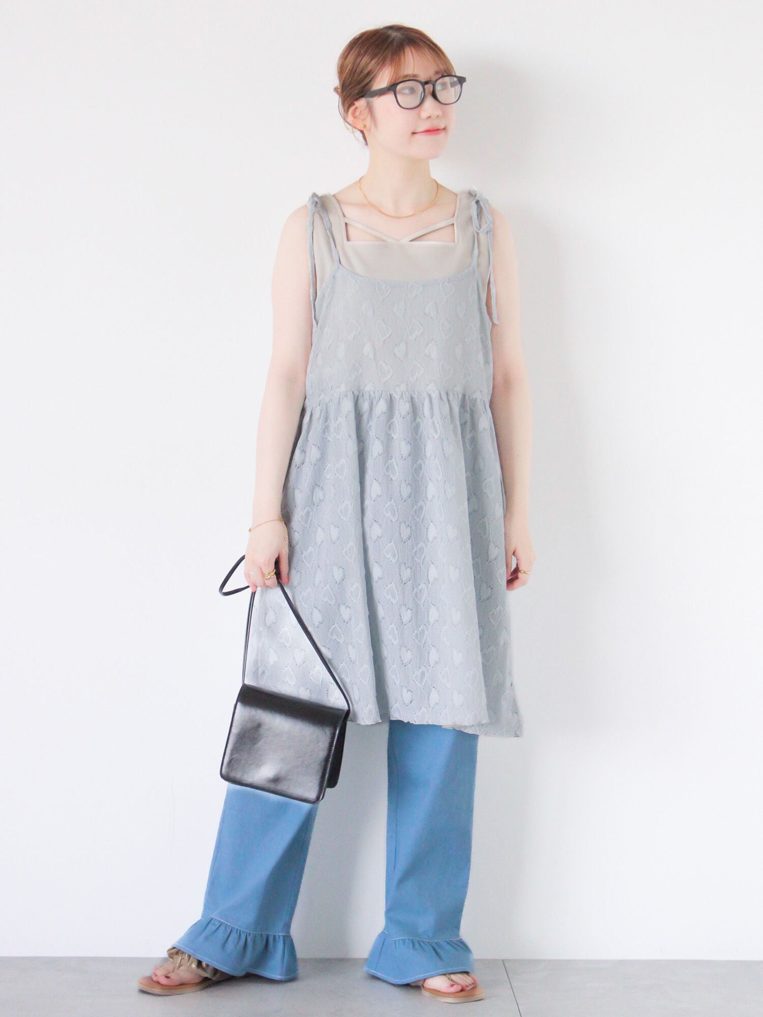 【SALE／50%OFF】ehka sopo ハート柄ミニキャミワンピース エヘカソポ ワンピース・ドレス ワンピース グレー ホワイト ブラックのサムネイル