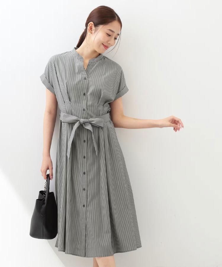 【SALE／20%OFF】index 【接触冷感/UV】ストライプタックシャツワンピース《洗濯機OK》 インデックス ワンピース・ドレス その他のワンピース・ドレス ワインレッド ブルー グレー【送料無料】
