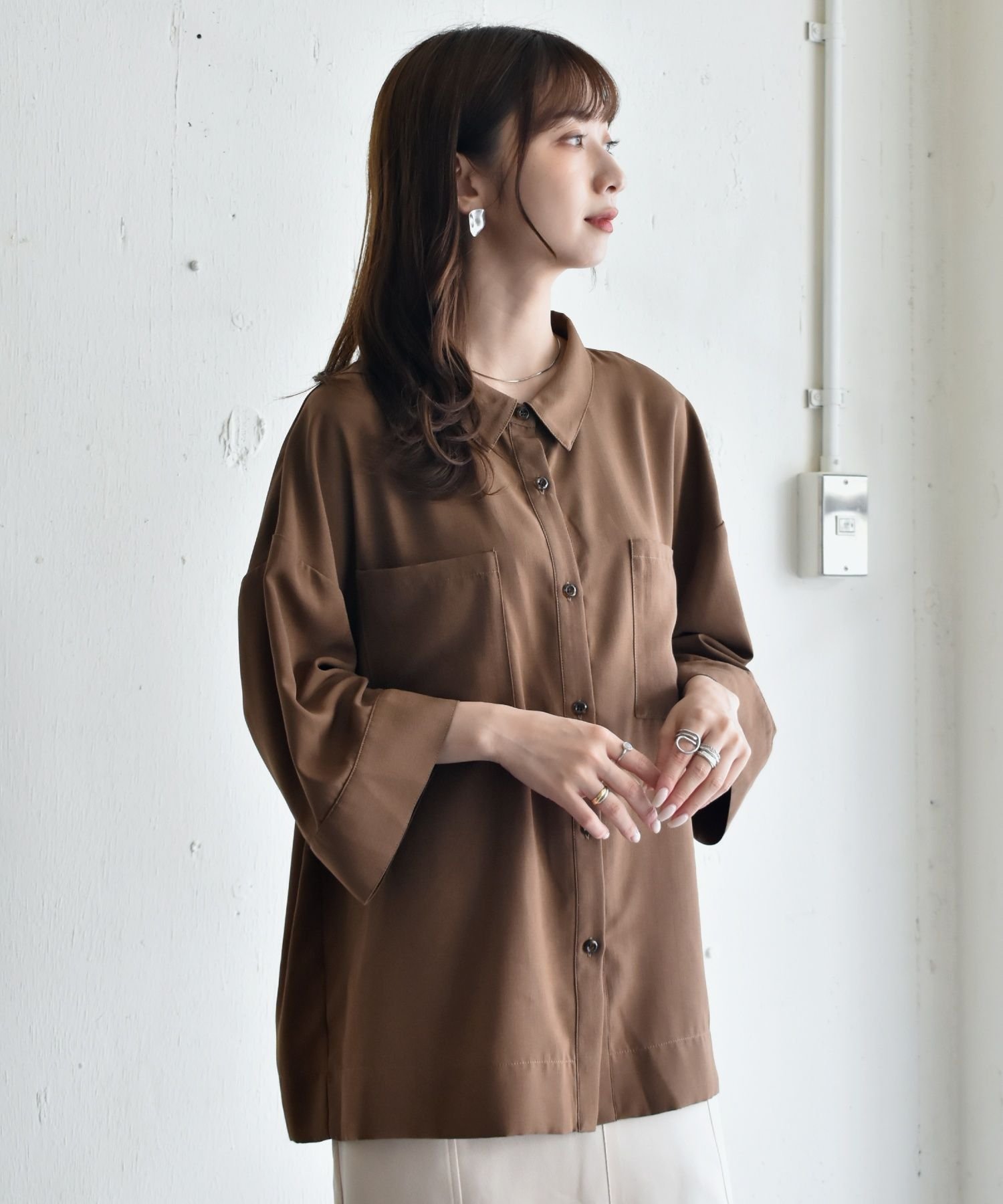 【SALE／70%OFF】RETRO GIRL 5分袖BIGシャツ レトロガール トップス シャツ・ブラウス ブラウン ベージュ イエローのサムネイル