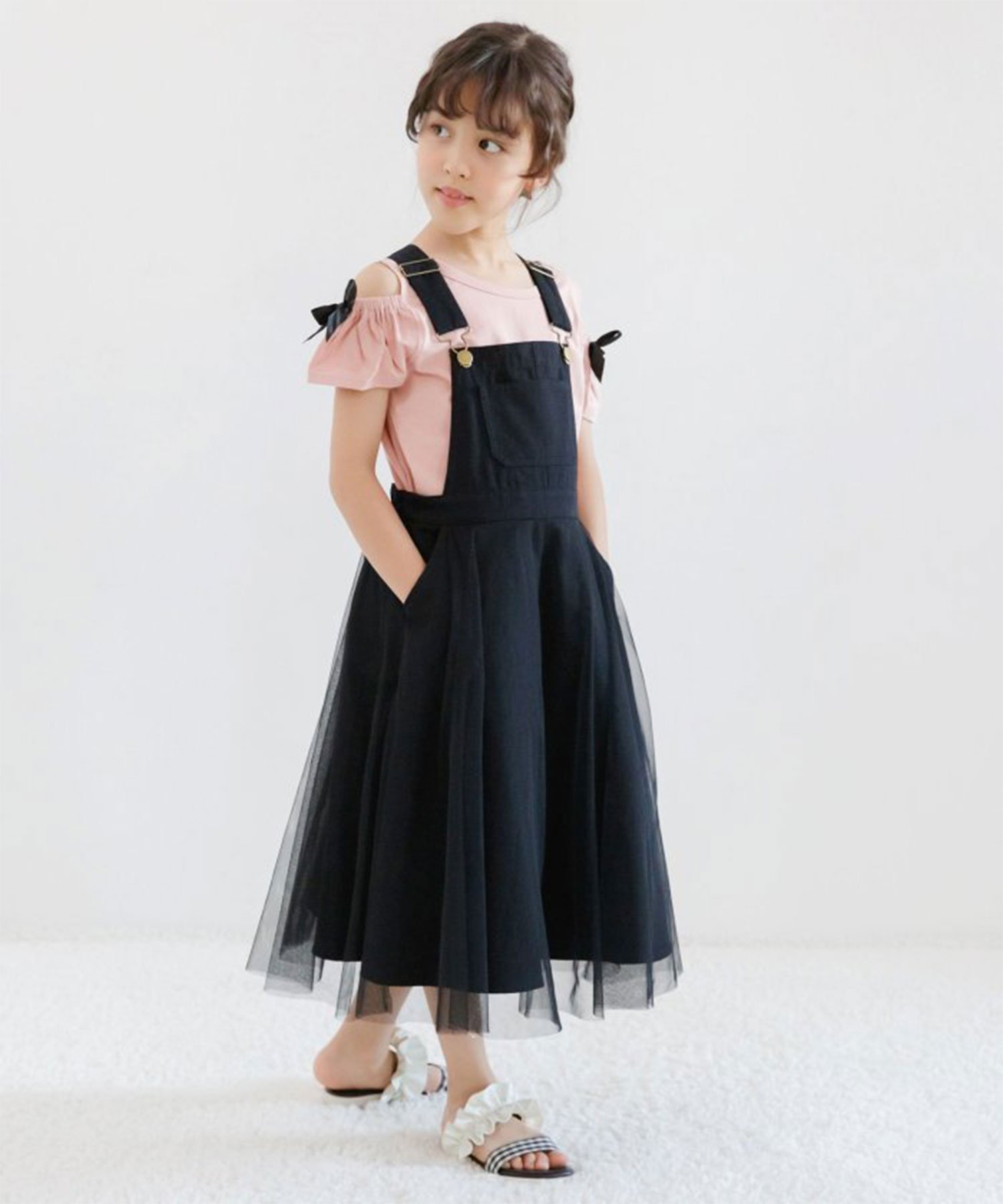 子供服 Bee ジャンパースカート ボタン ポケット チュール 子供服 キッズ 女の子 Bee カンコクコドモフク ビー スカート ロング・マキシスカート ブラック ベージュ カーキグリーン グリーン ブルー グレー ホワイト