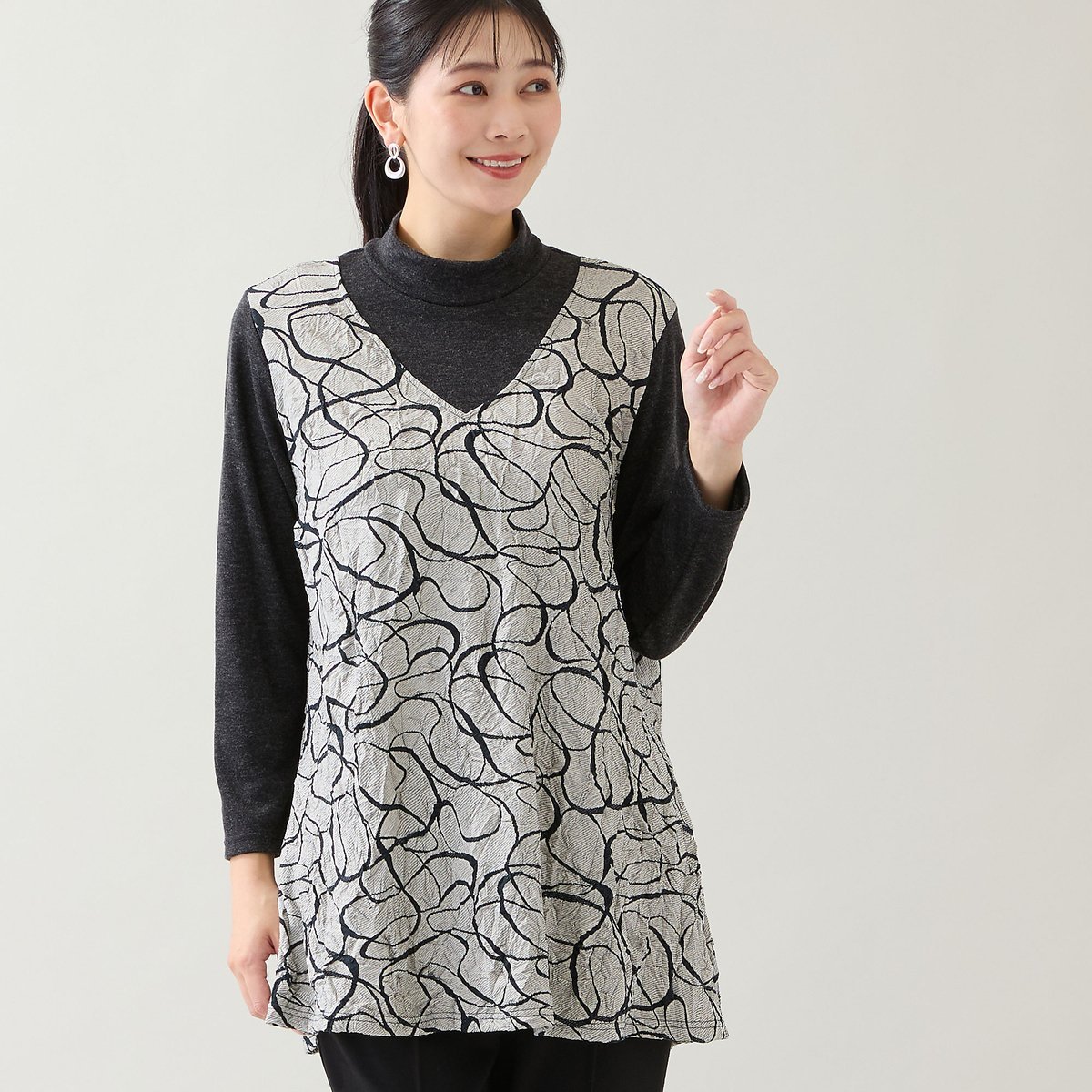 missel 【洗える・日本製・3L/4Lサイズあり】リボン柄ジャカードカットソー ミゼール トップス カットソー・Tシャツ ネイビー グレー【送料無料】