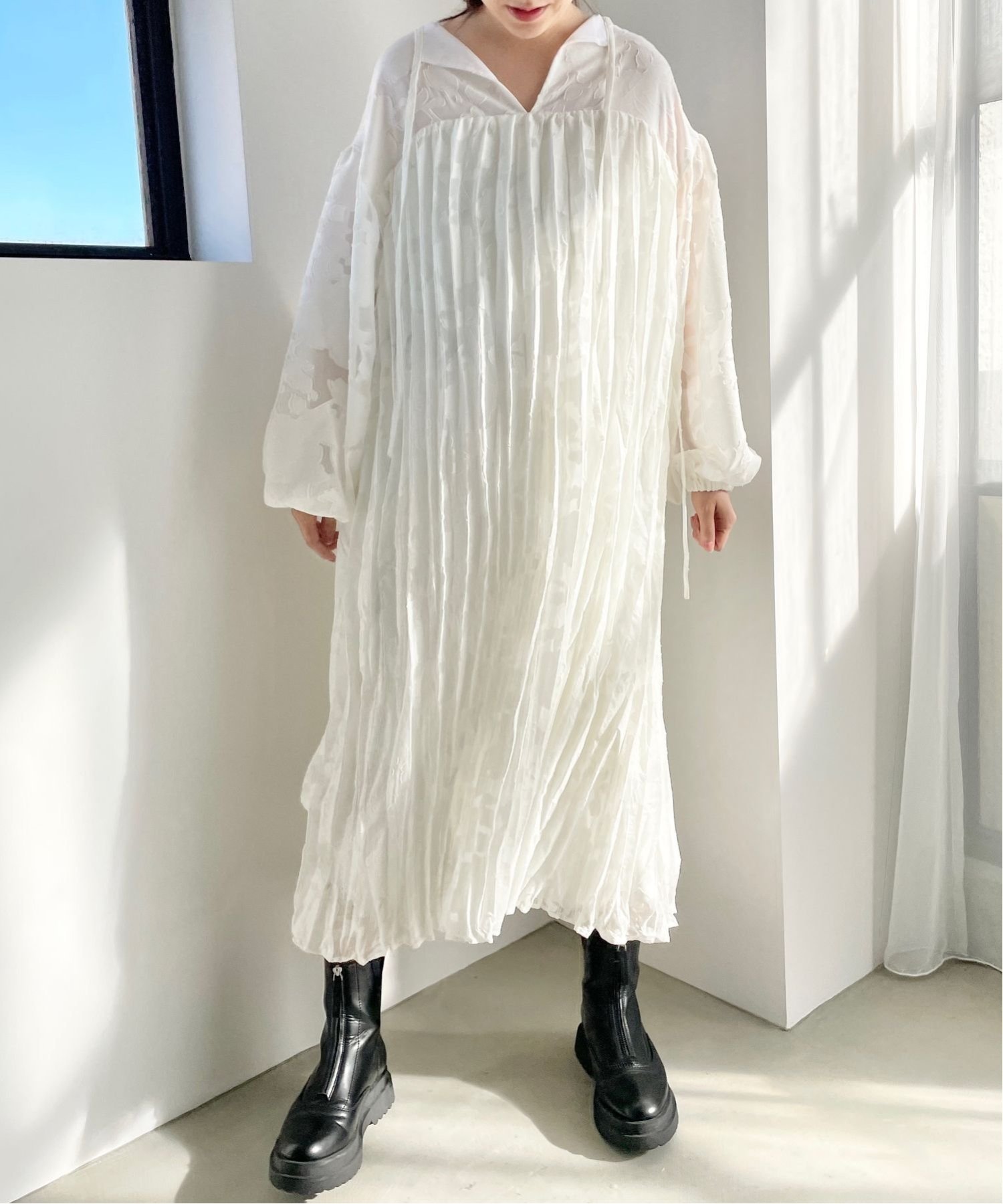 【SALE／65%OFF】LOWRYS FARM ジャガードプリーツワンピース ローリーズファーム ワンピース・ドレス ワンピース ホワイト グリーン ブラックのサムネイル